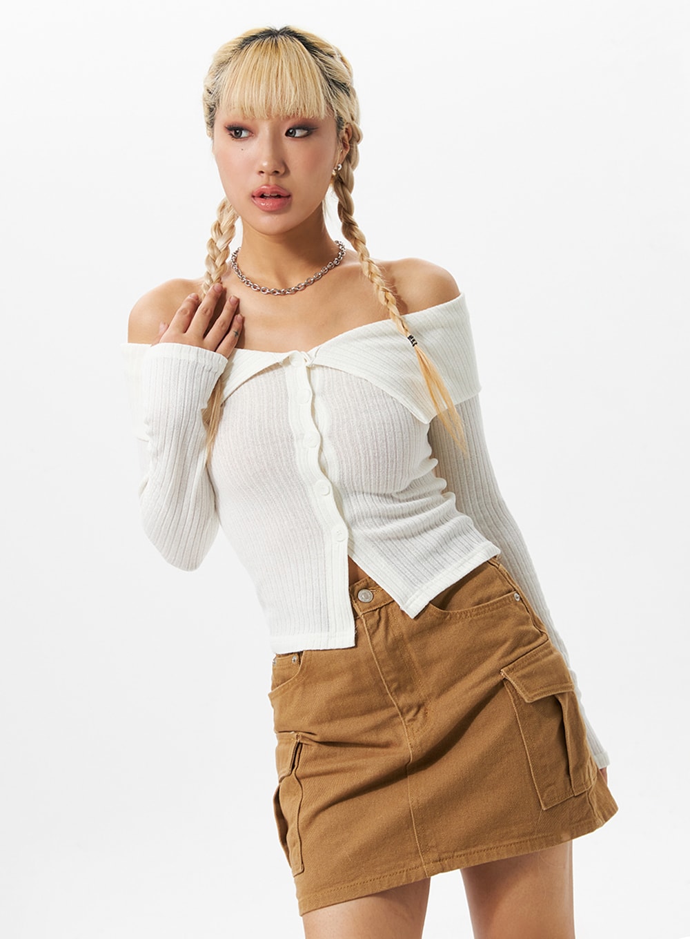 Off-Shoulder Ribbed Cardigan IO324
