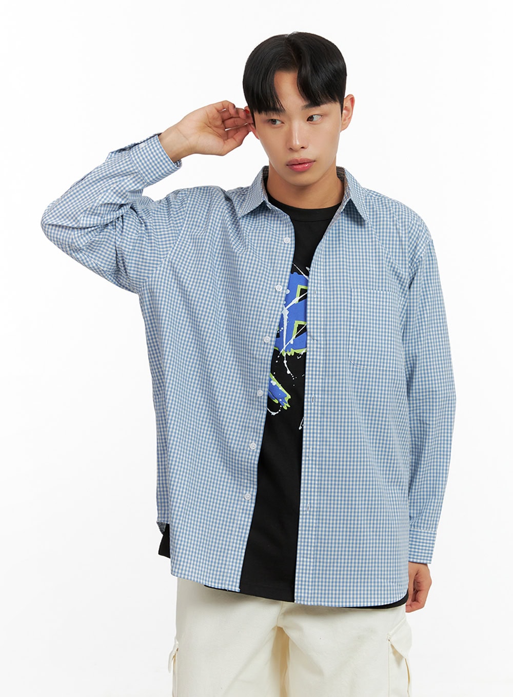 Men's Gingham Cotton Collared Shirt IU412