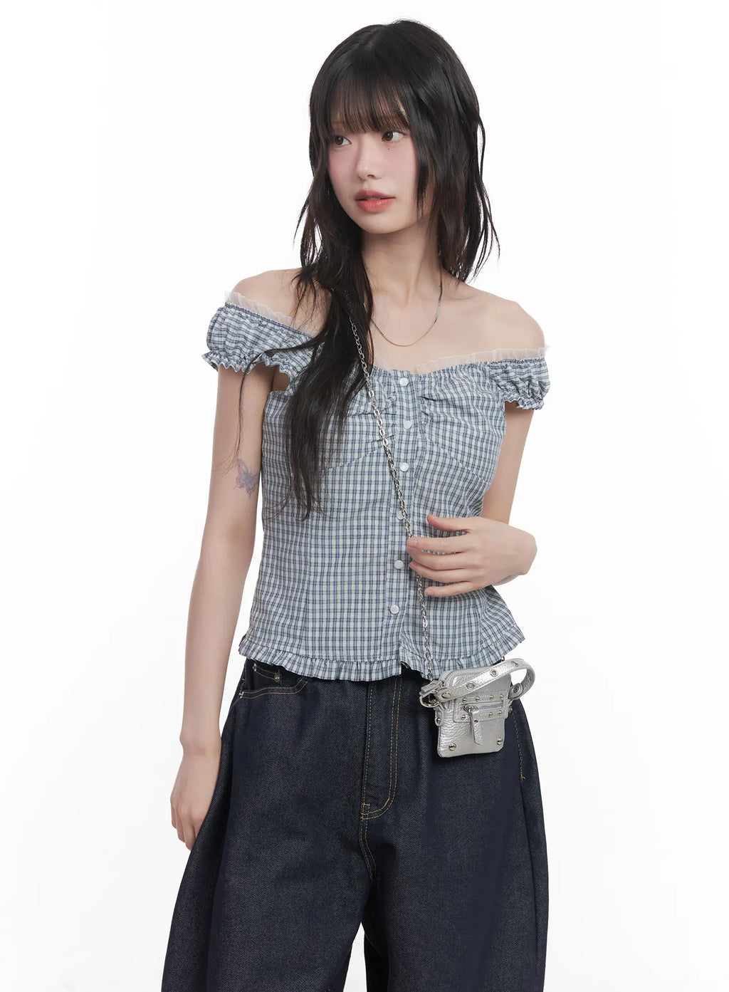 Plaid Frill Off-Shoulder Top CU519