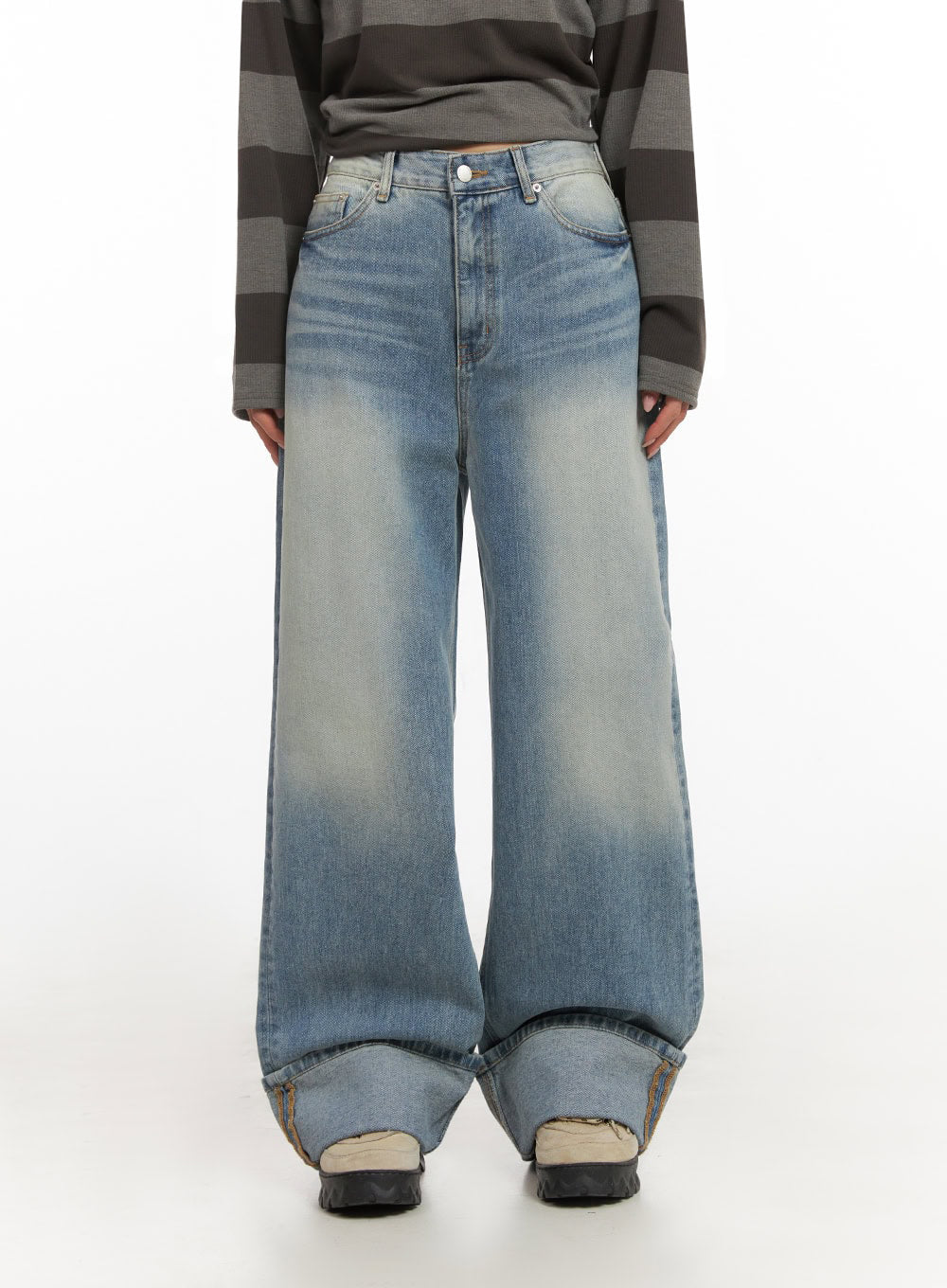 Katie Roll-Up Washed Wide-Leg Jeans ID431