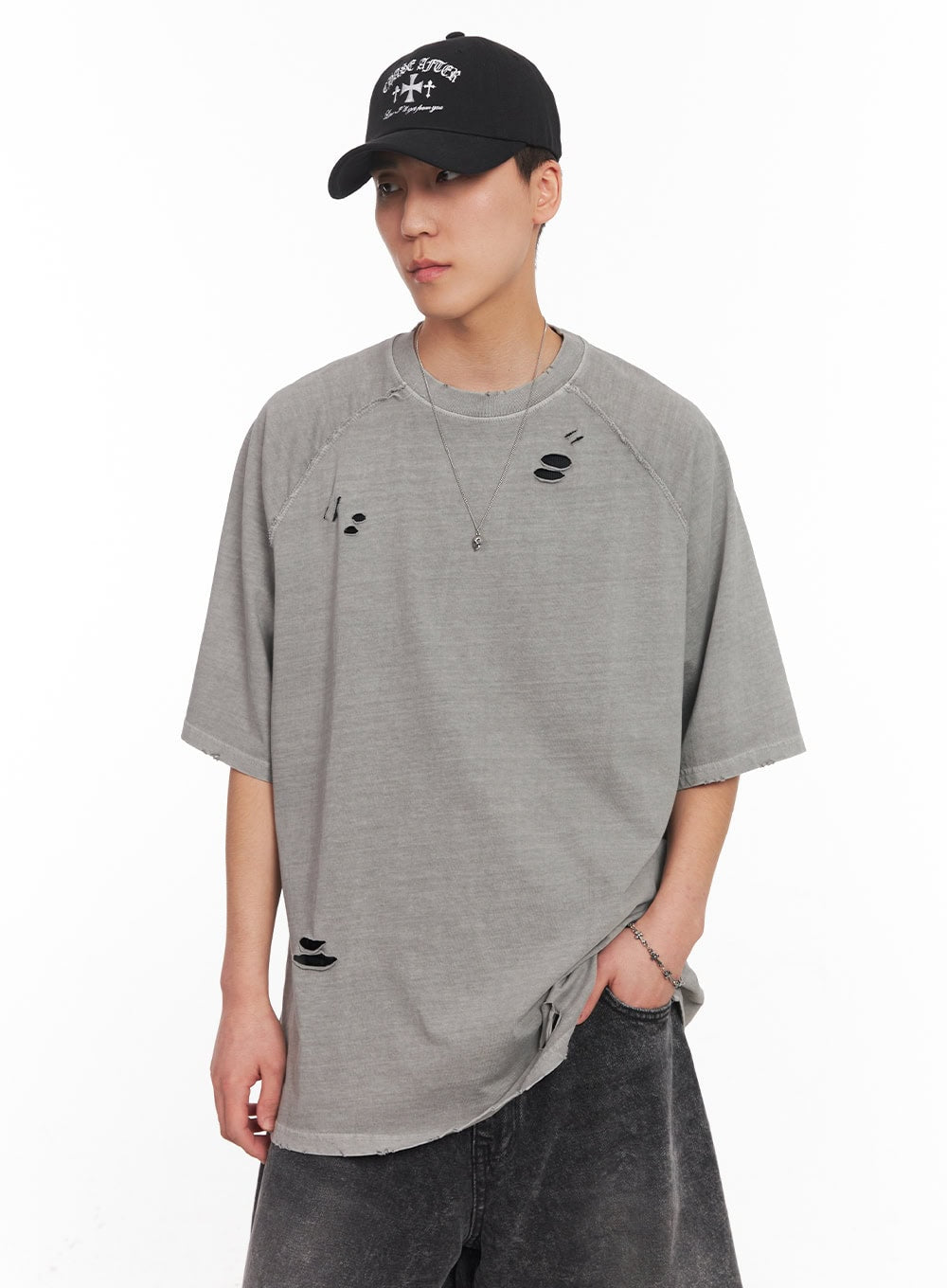 Distressed Washed Cotton T-Shirt IY506