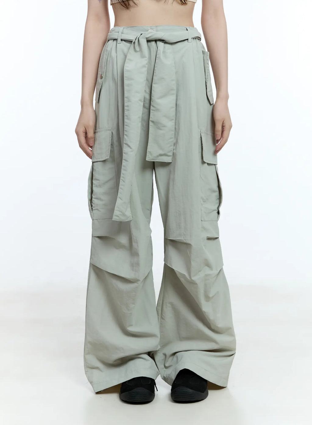 Pintuck Nylon Wide-Leg Cargo Pants CY514