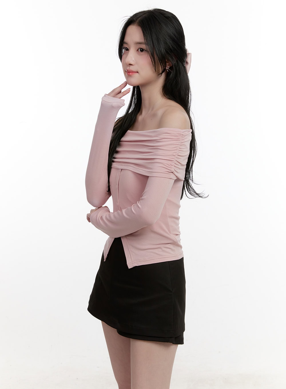 Shirred Off-Shoulder Buttoned Top CF528