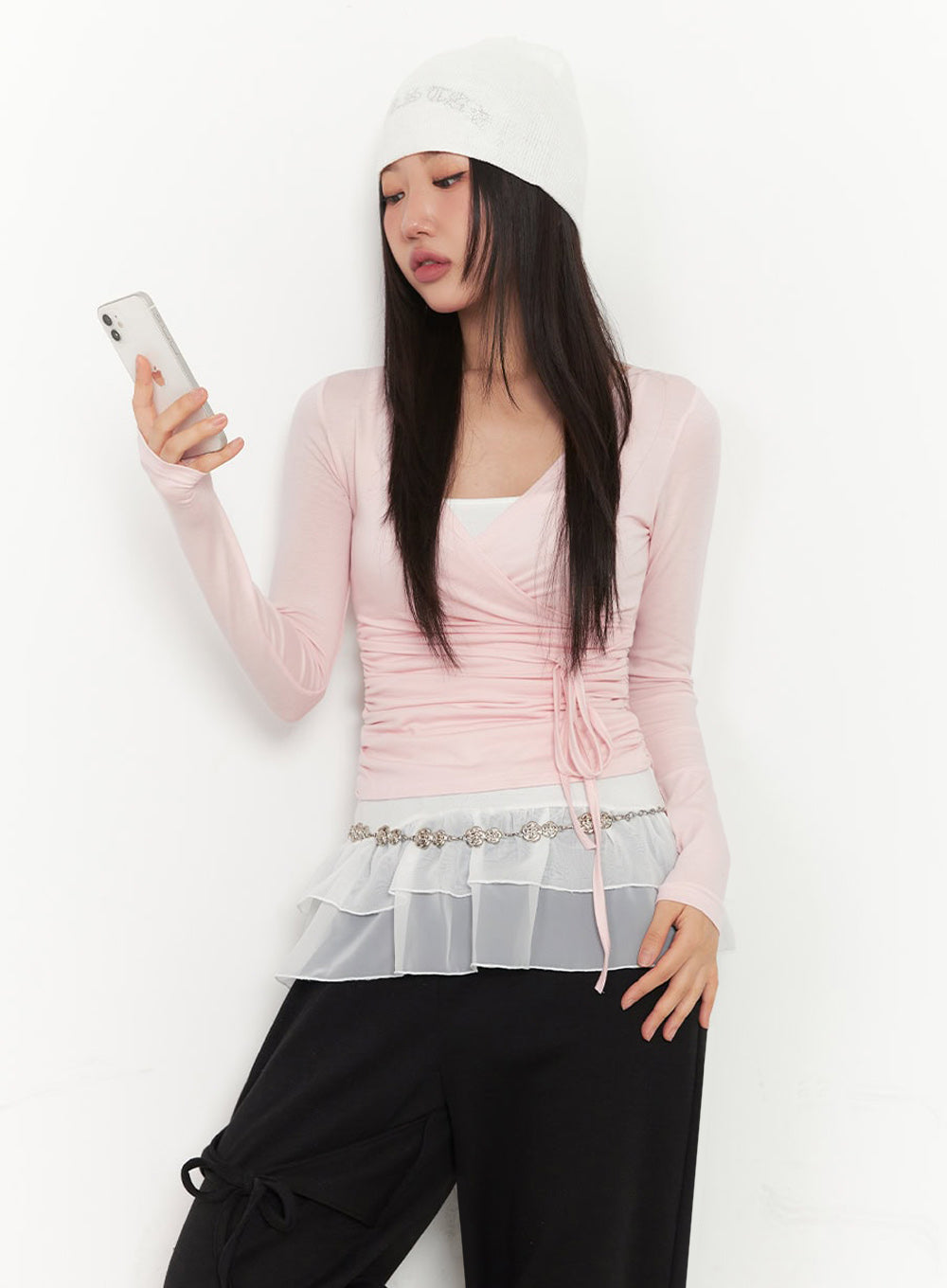 Wrap Shirred Long-Sleeve Crop Top IA524