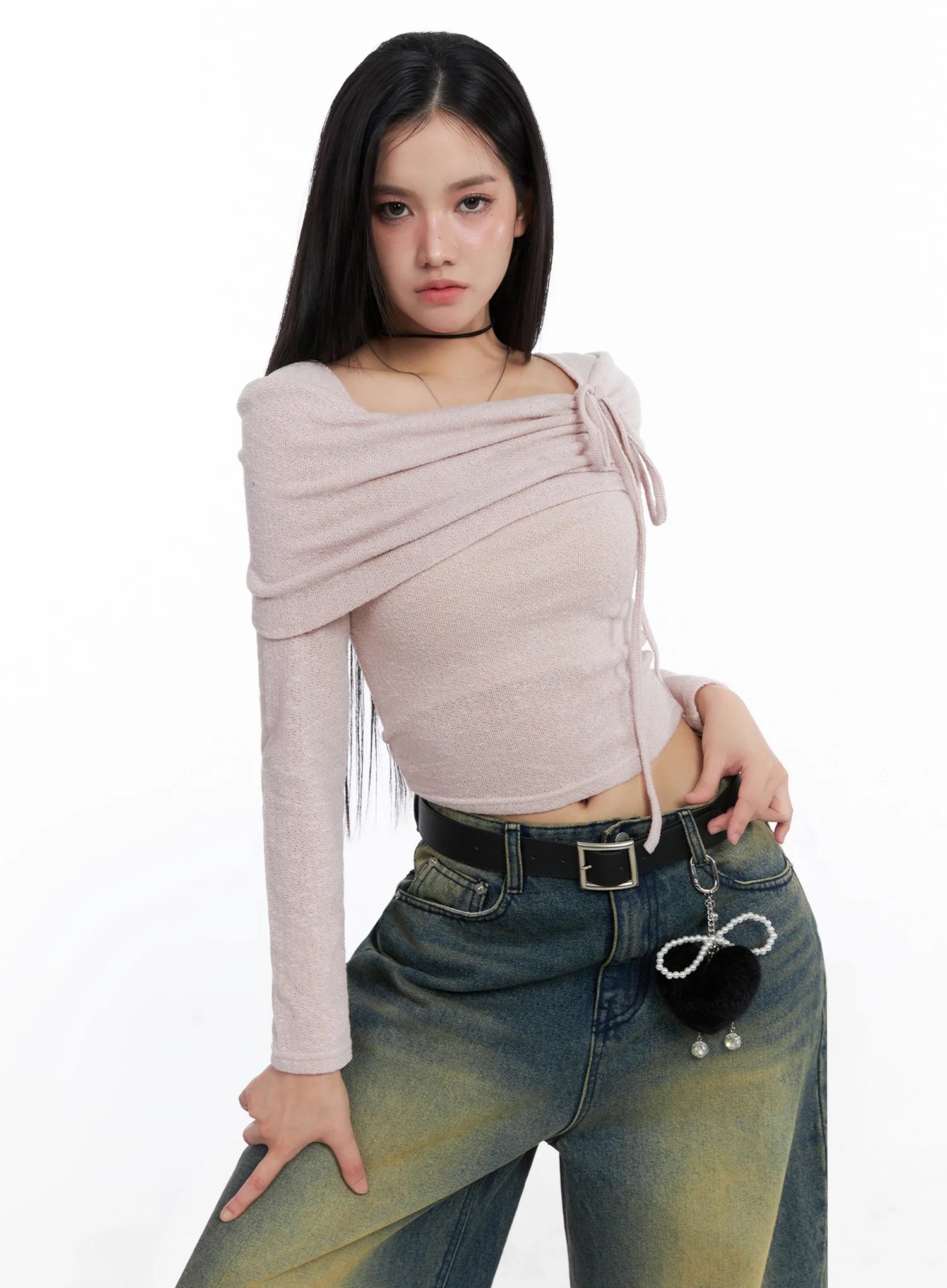 Ribbon Off-Shoulder Knit Top IS525