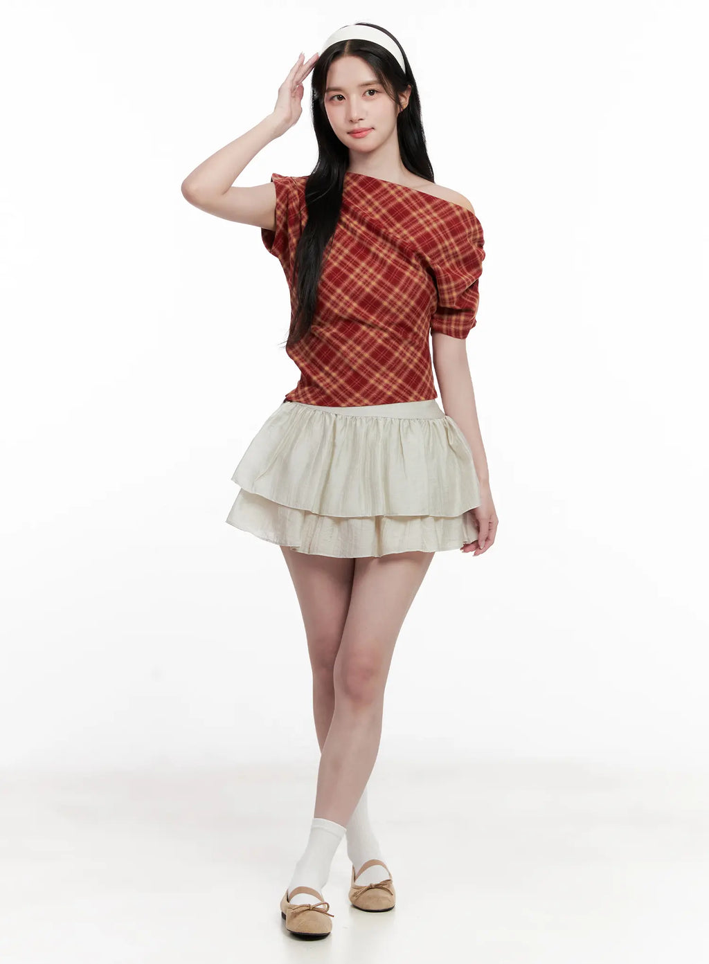 Plaid Asymmetric Ruched Off-Shoulder Top CL516