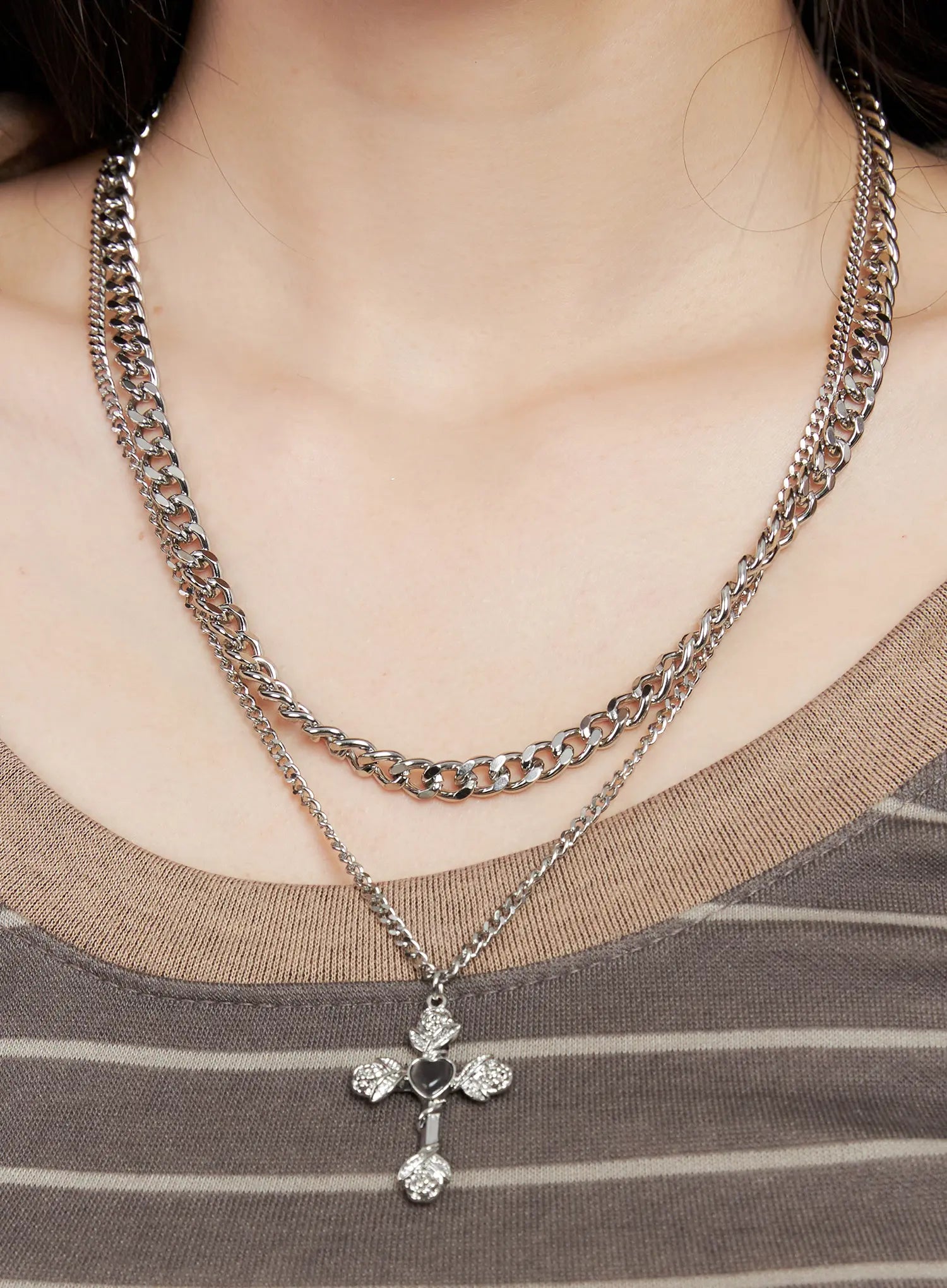 Layered Rose Heart Cross Pendant Necklace CG526