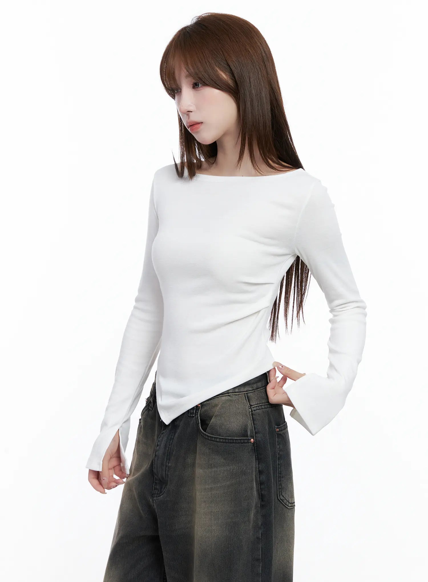 Asymmetric Hem Long Sleeve Top CG529