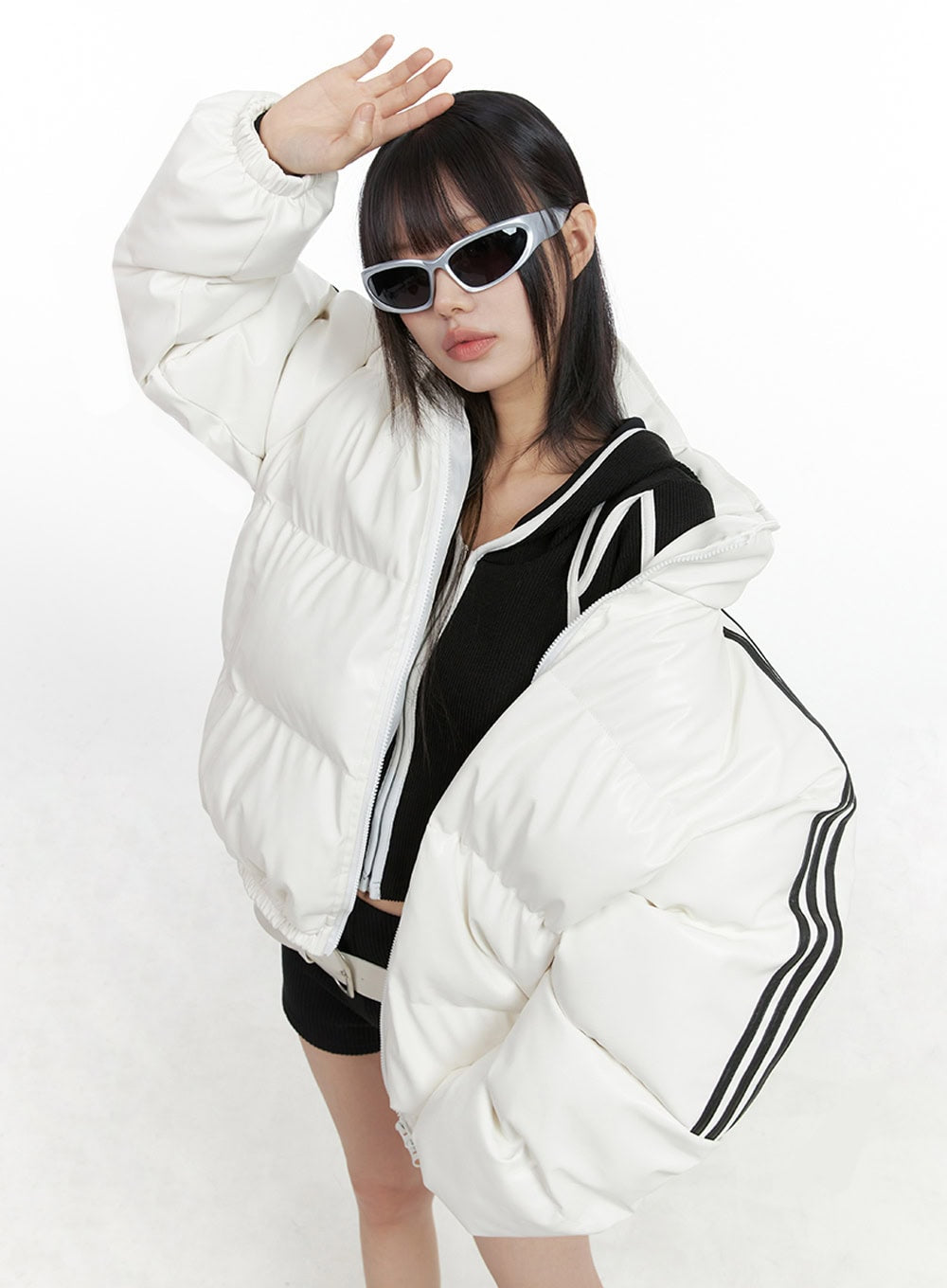 Oversized Stripe Leather Padded Coat IO430
