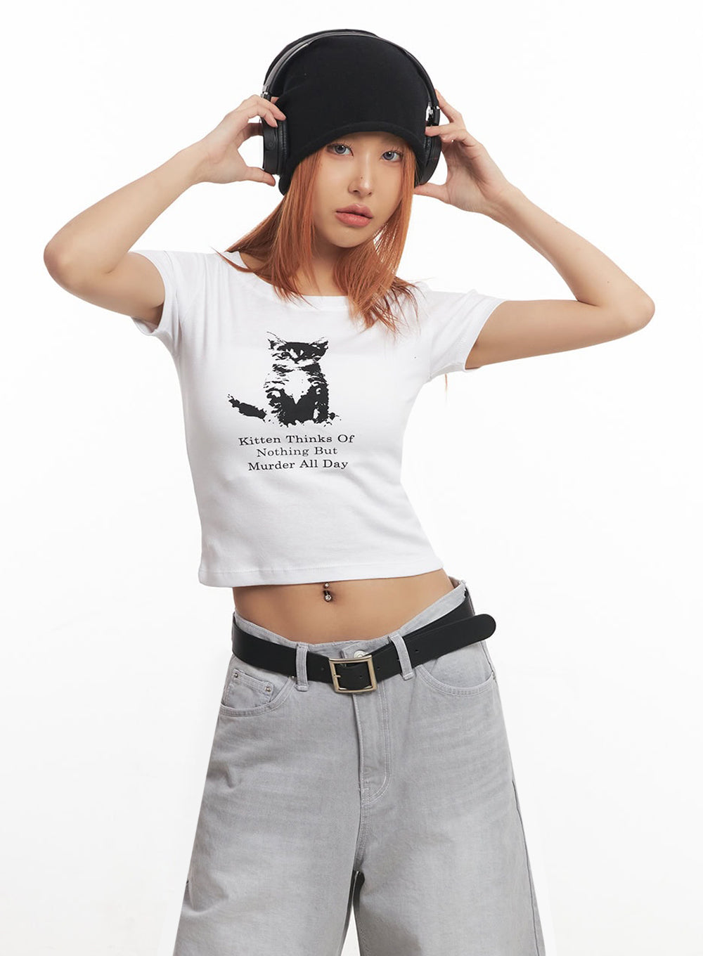 Cat Graphic Crop Top IA515