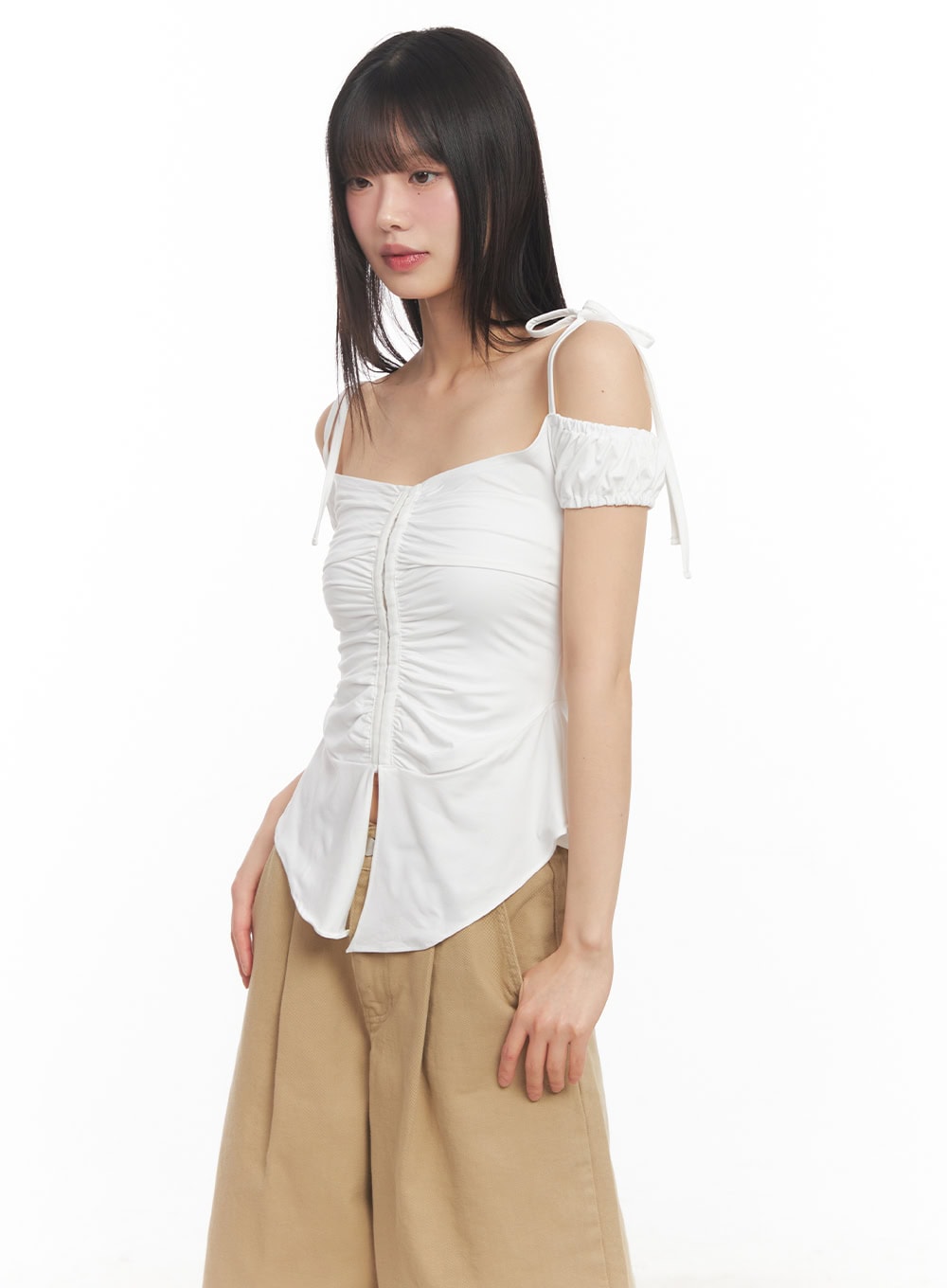 Shirred Off-Shoulder Puff-Sleeve Top CA523