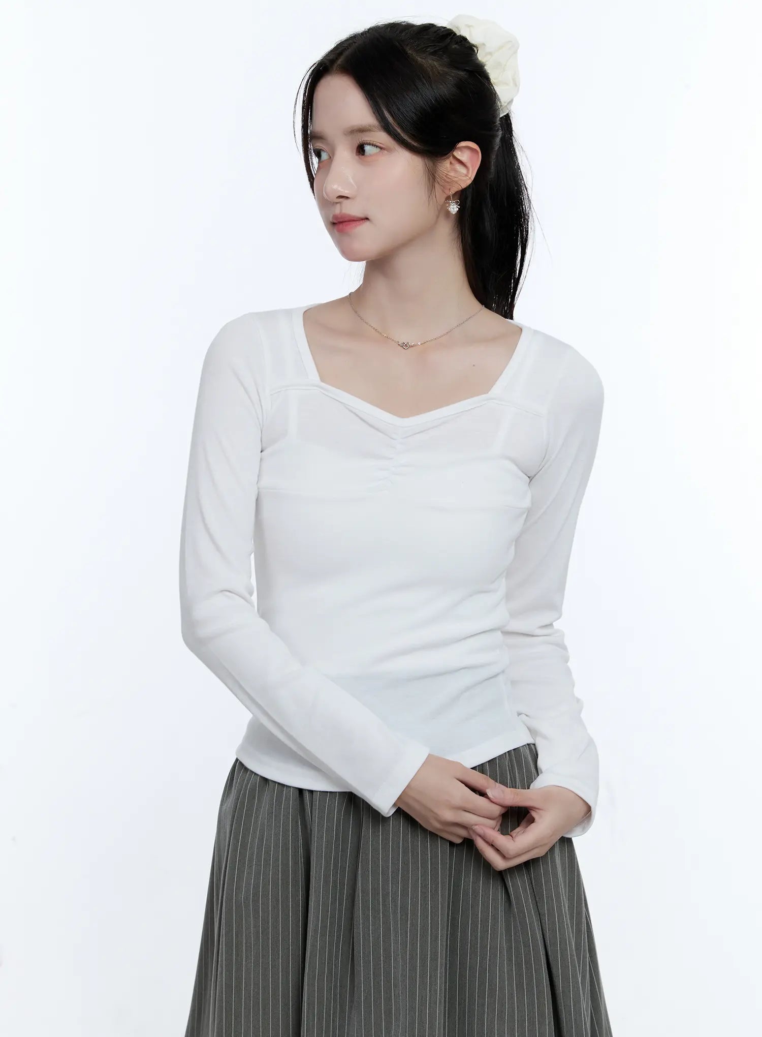 Heart Neck Shirred Long-Sleeve Top CG514
