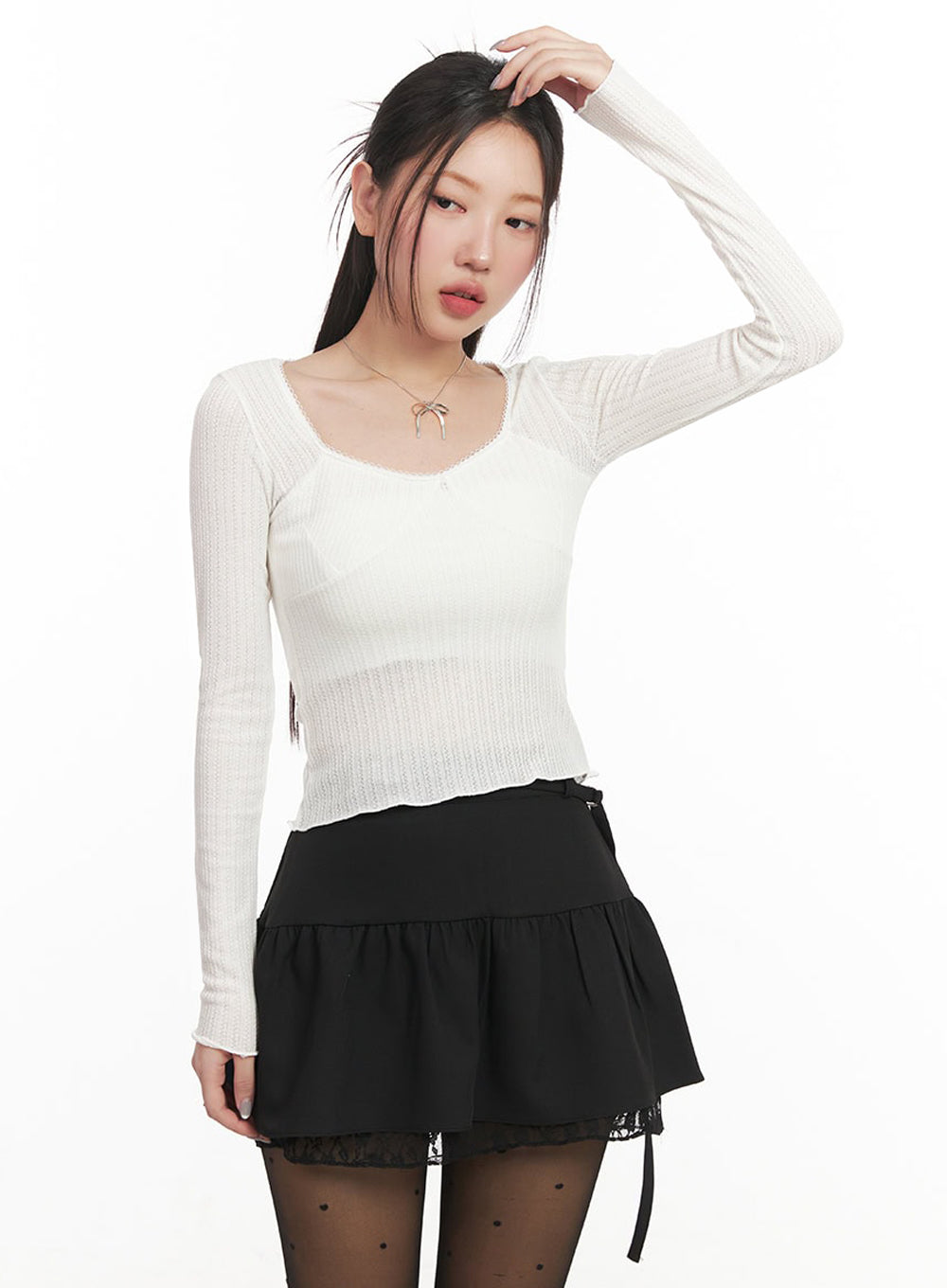 Ribbon Lace-Trim Long-Sleeve Top IM524