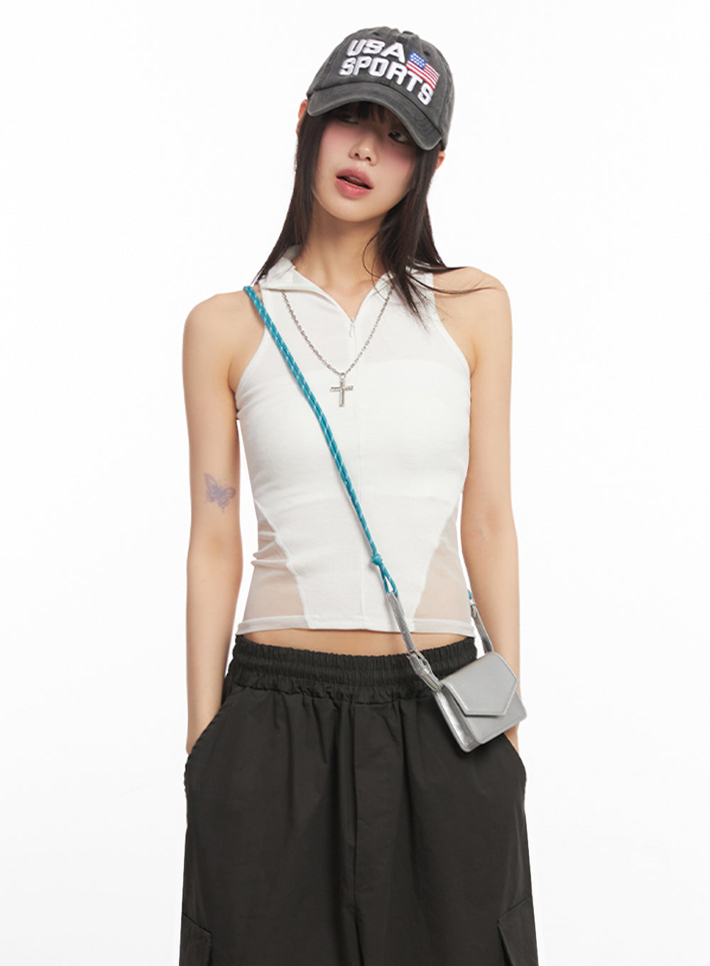 Mesh Sleeveless Collared Crop Top IY502