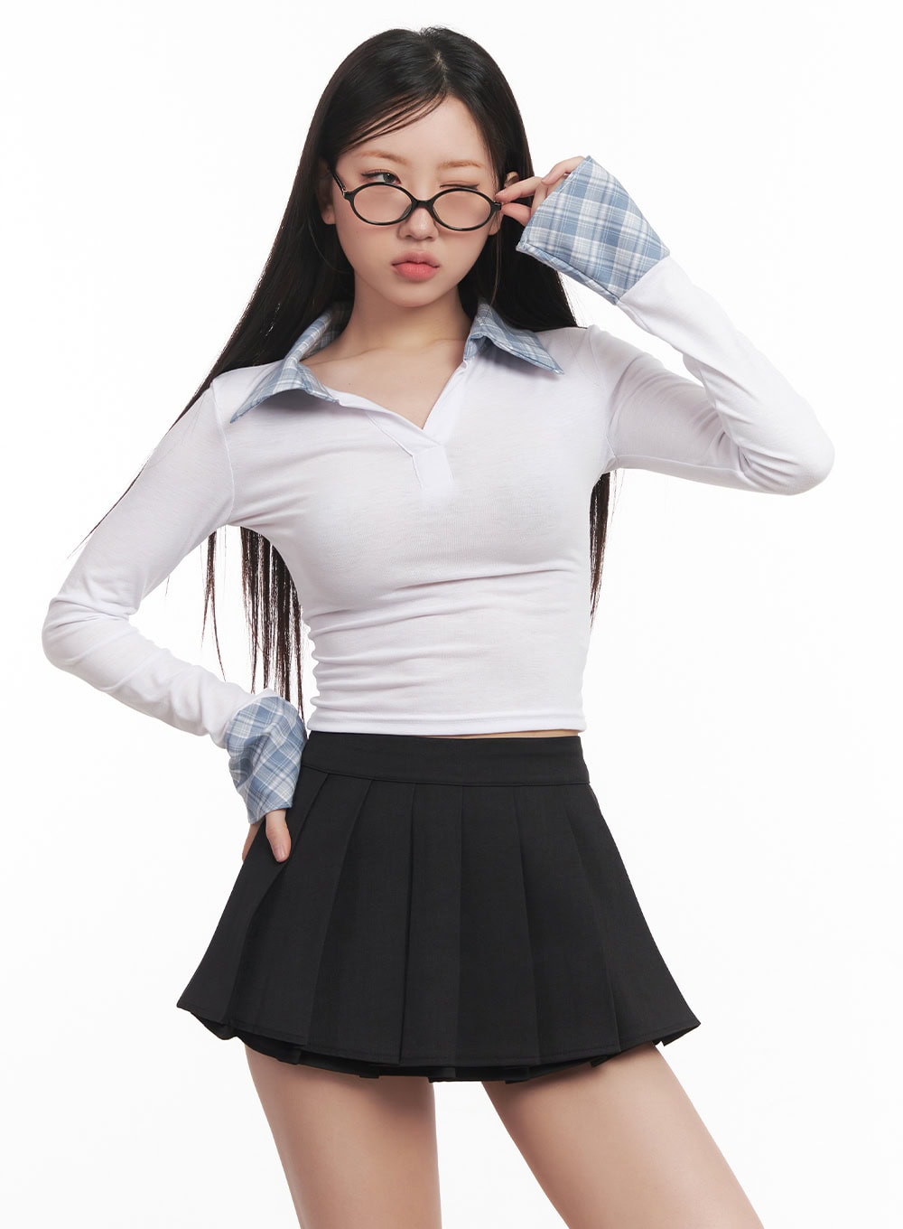 Checkered-Collar Long-Sleeve Crop Top CM531