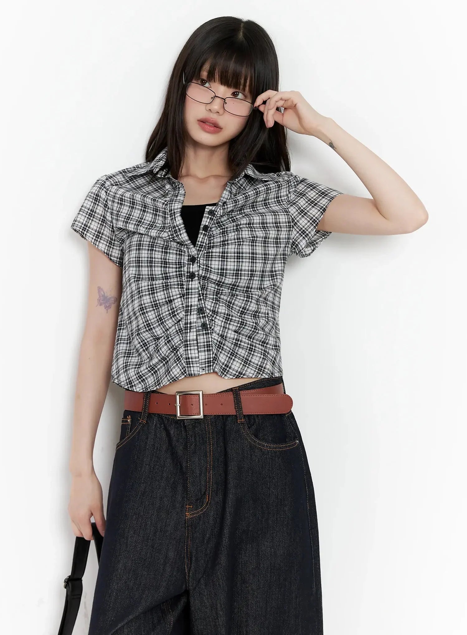 Shirred Plaid Button-up Blouse IL531