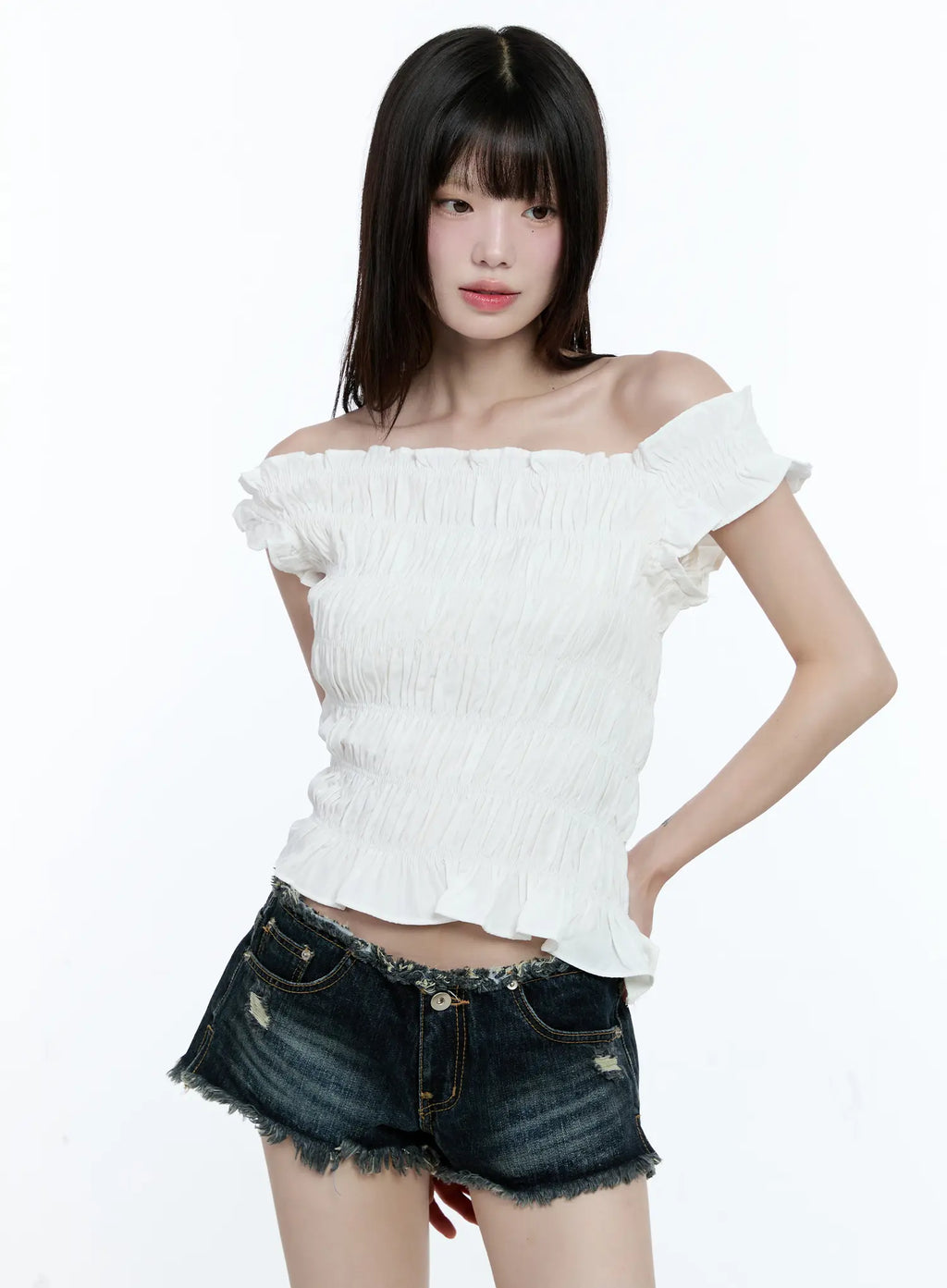 Asymmetric Shirred Off-Shoulder Top CG507