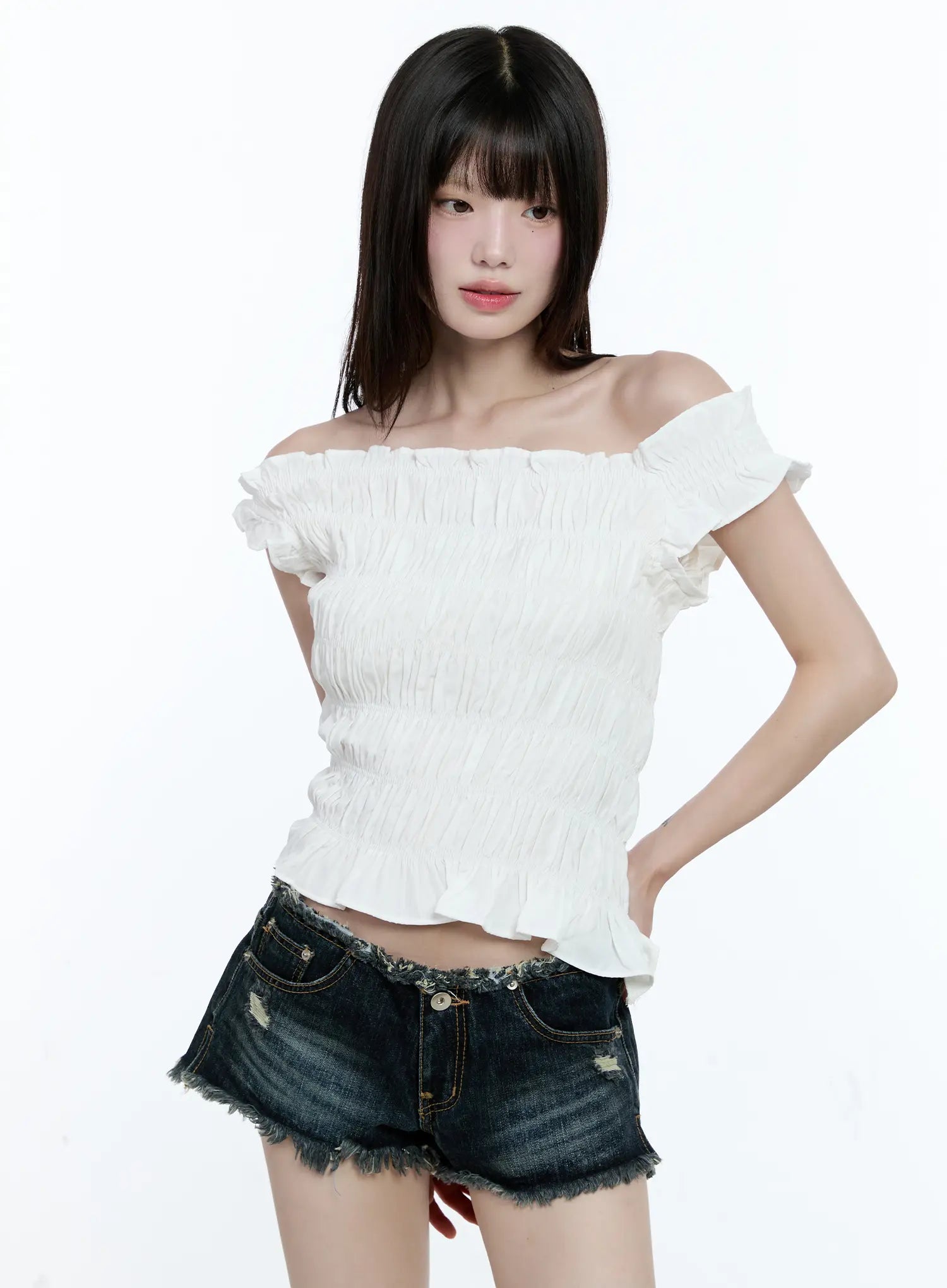 Asymmetric Shirred Off-Shoulder Top CG507