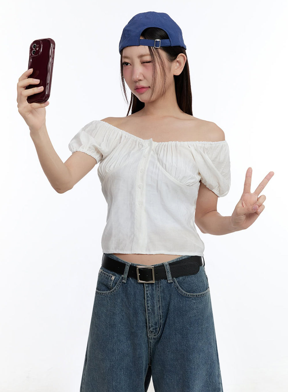 Off-Shoulder Puff-Sleeve Crop Top IU509