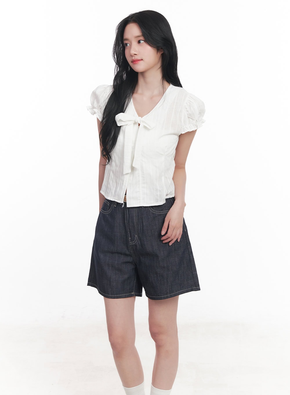 Tie Puff-Sleeve Crop Blouse Top CY526