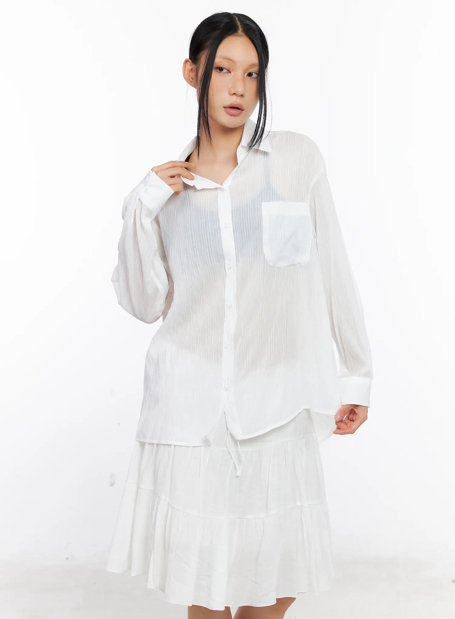 Sheer Long-Sleeve Button-Down Shirt CL529
