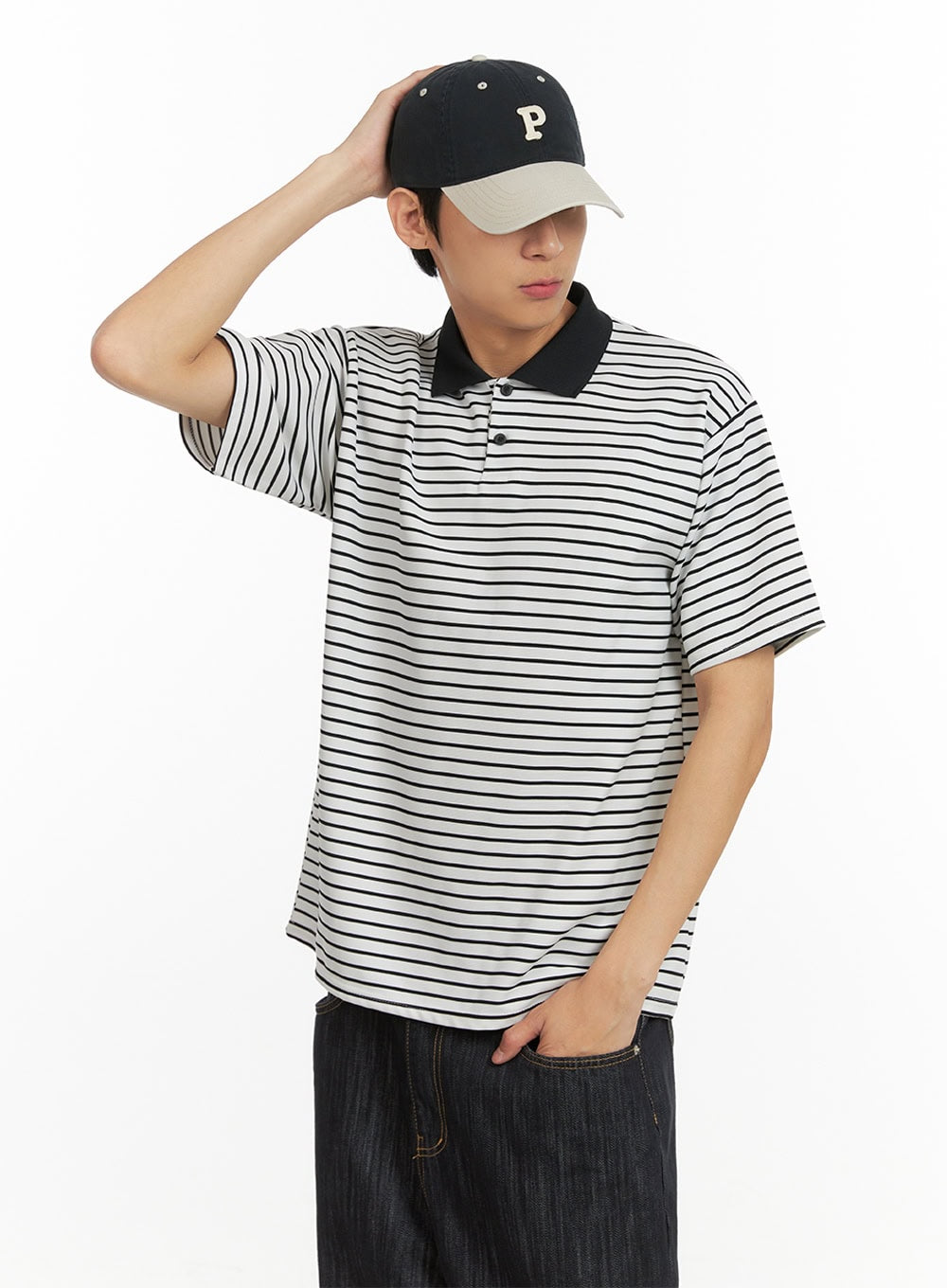 Men's Striped Collar T-Shirt (White) IU405