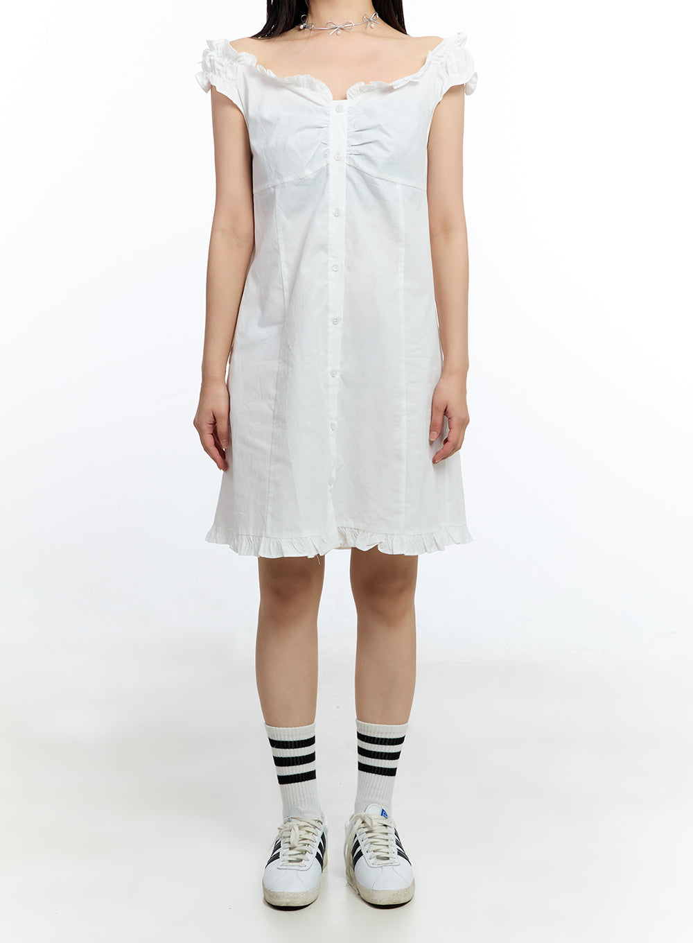 Frill Buttoned Off-Shoulder Midi Dress IU503