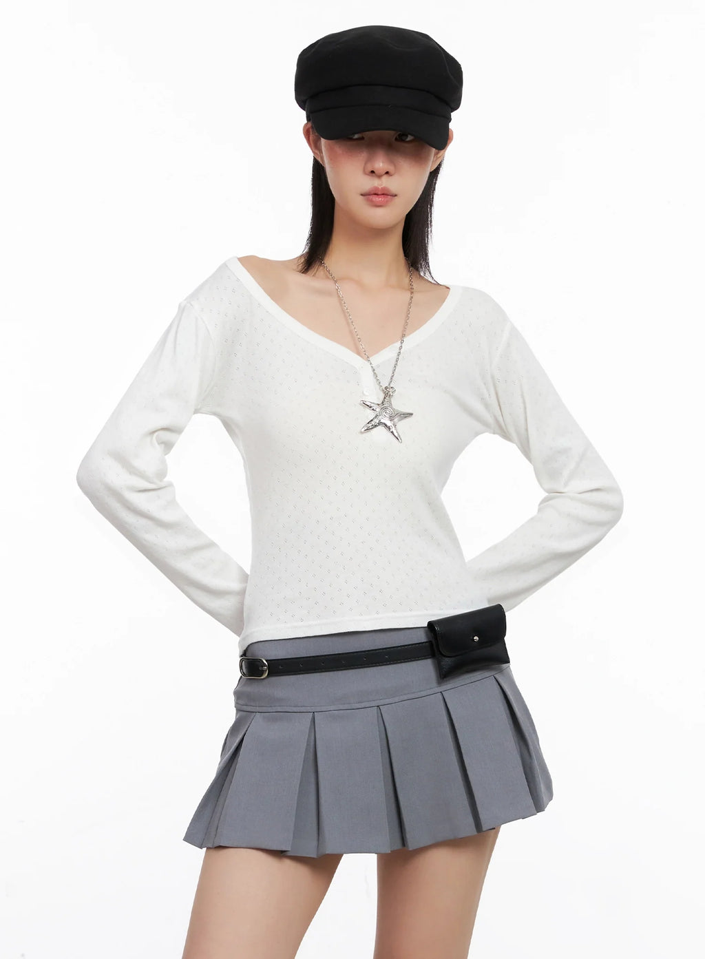 V-Neck Eyelet Long Sleeve Top IS515
