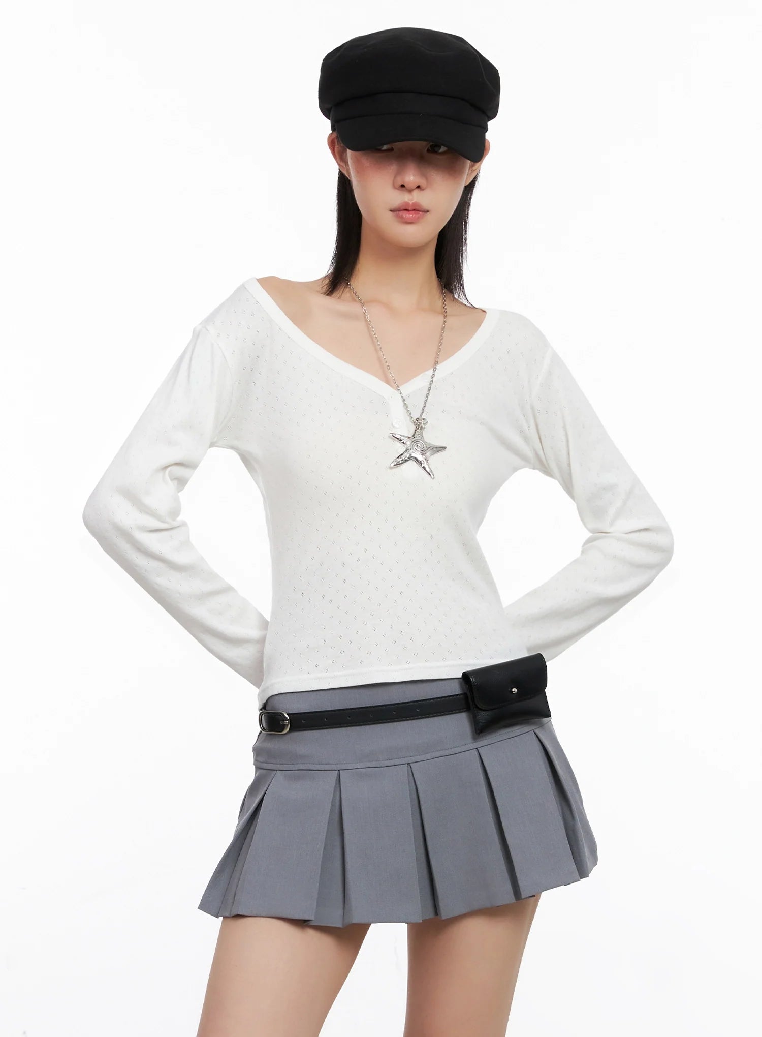 V-Neck Eyelet Long Sleeve Top IS515