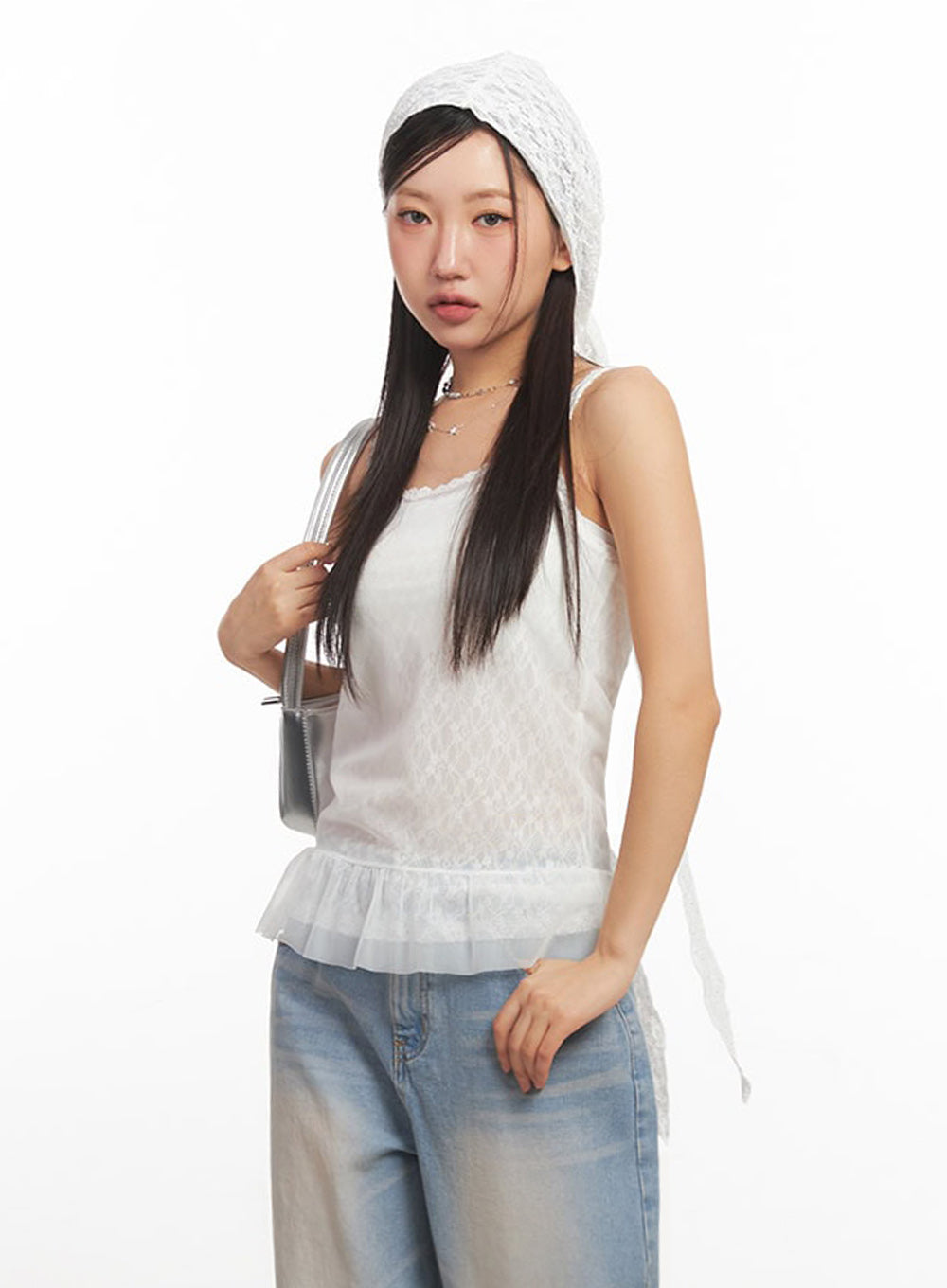 Sheer Frill-Trim Lace Cami Top IA524