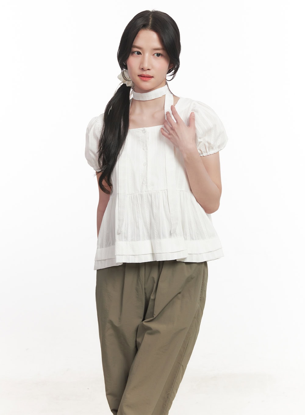 Puff-Sleeve Blouse & Scarf Set CA510