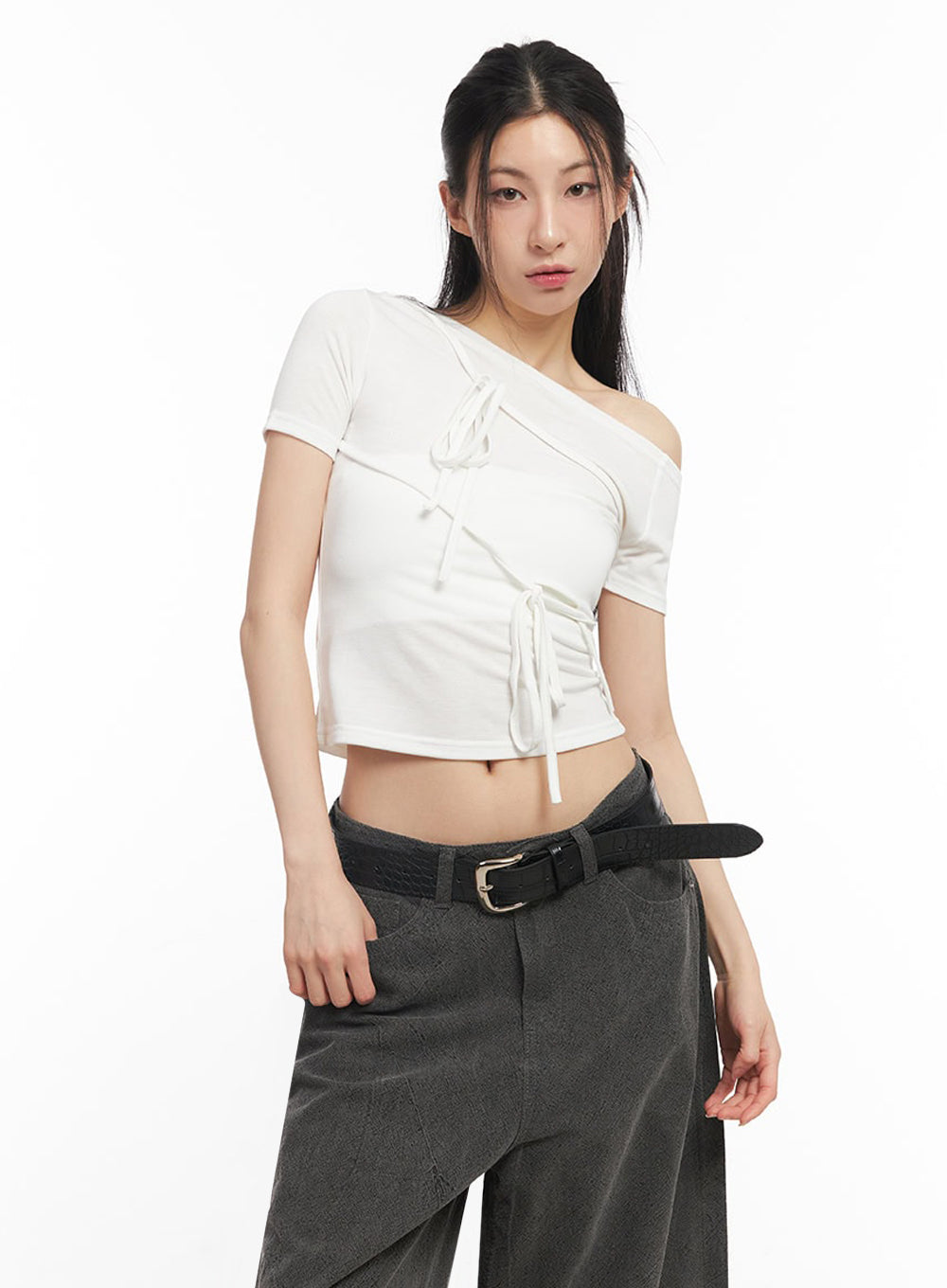Ribbon Tie One-Shoulder Crop Top IY529