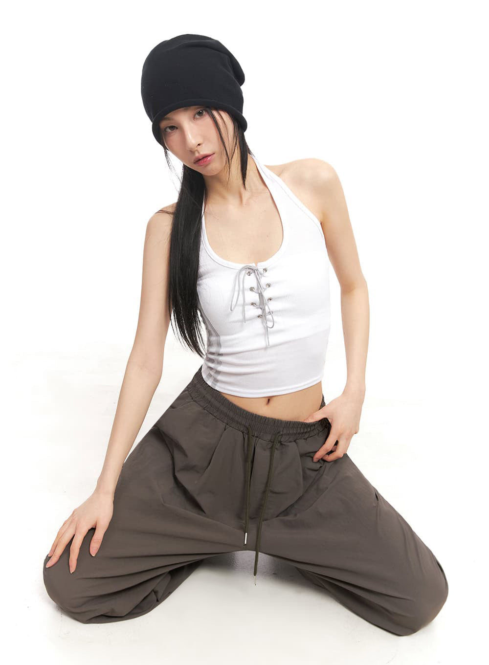 Halter Lace-Up Eyelet Crop Tank Top IY529