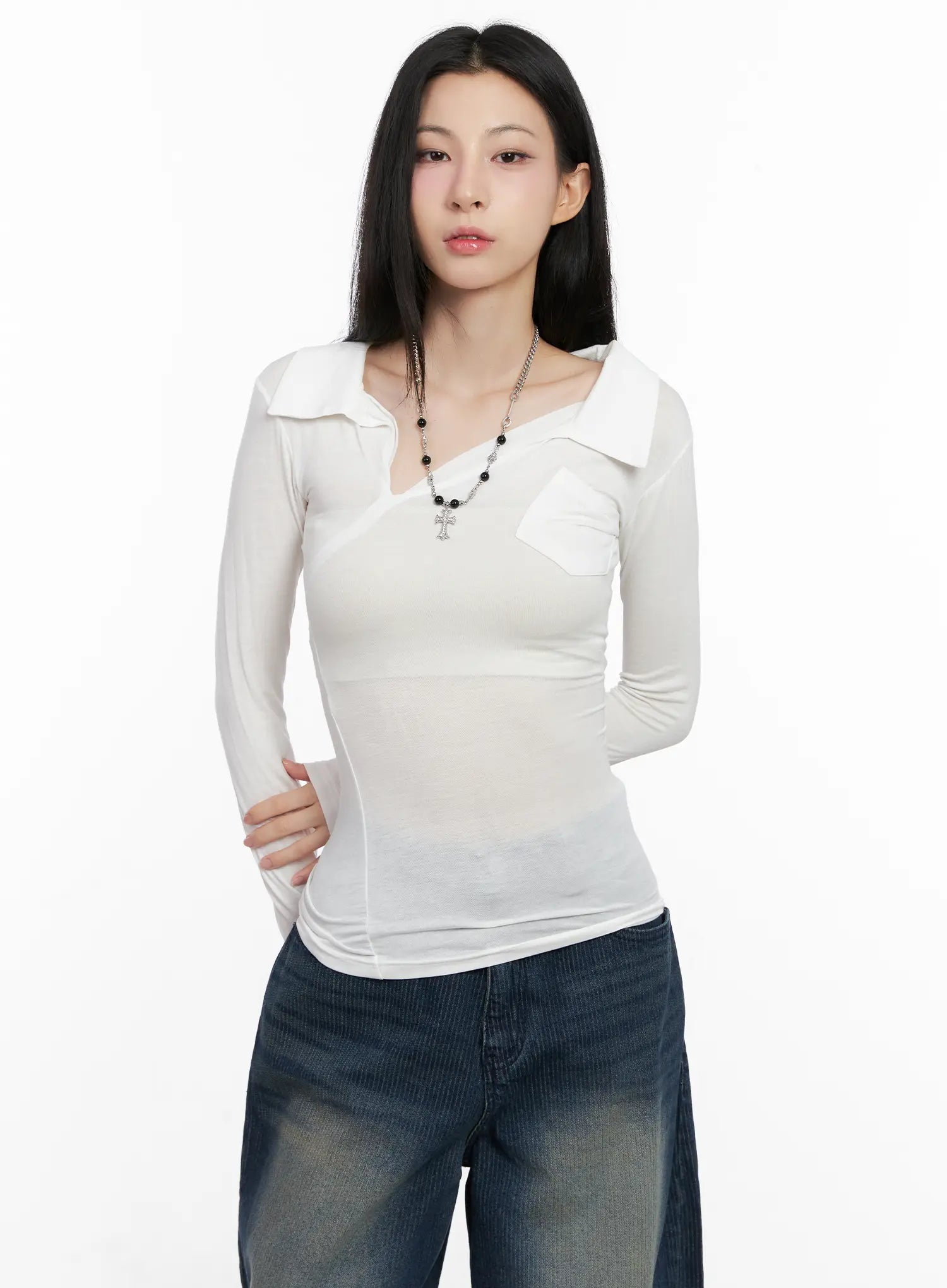 Asymmetrical Collar Slim Fit Long Sleeve Top CG526