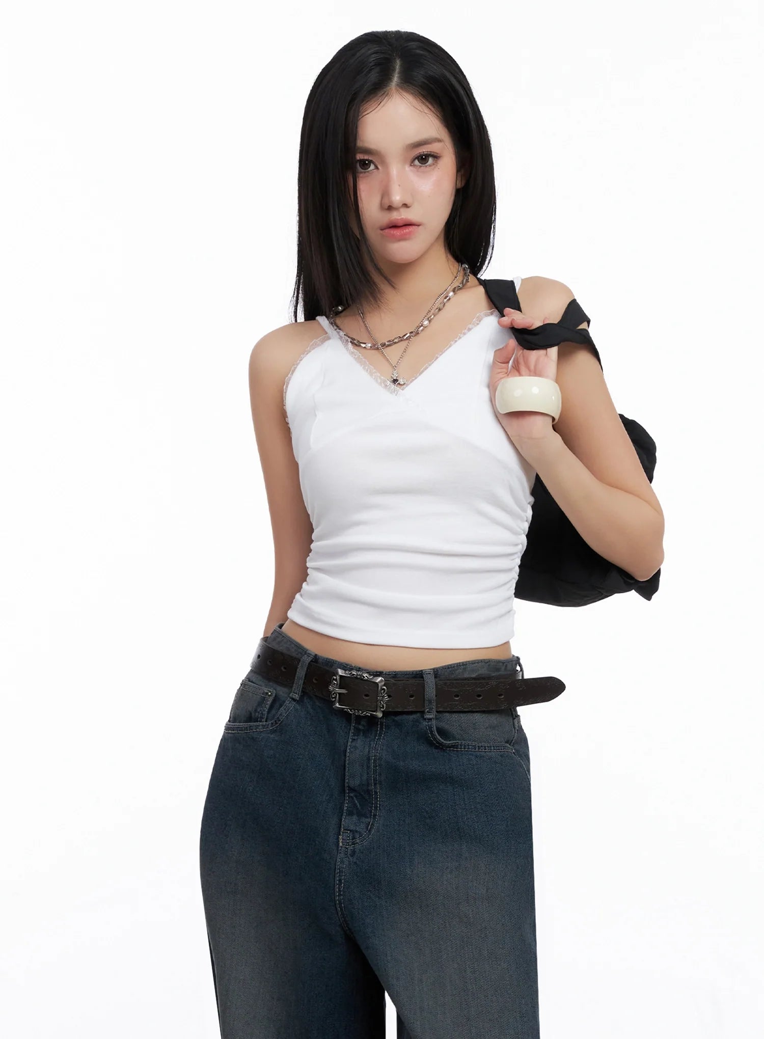 Sleeveless Ruched Lace Cami IS525