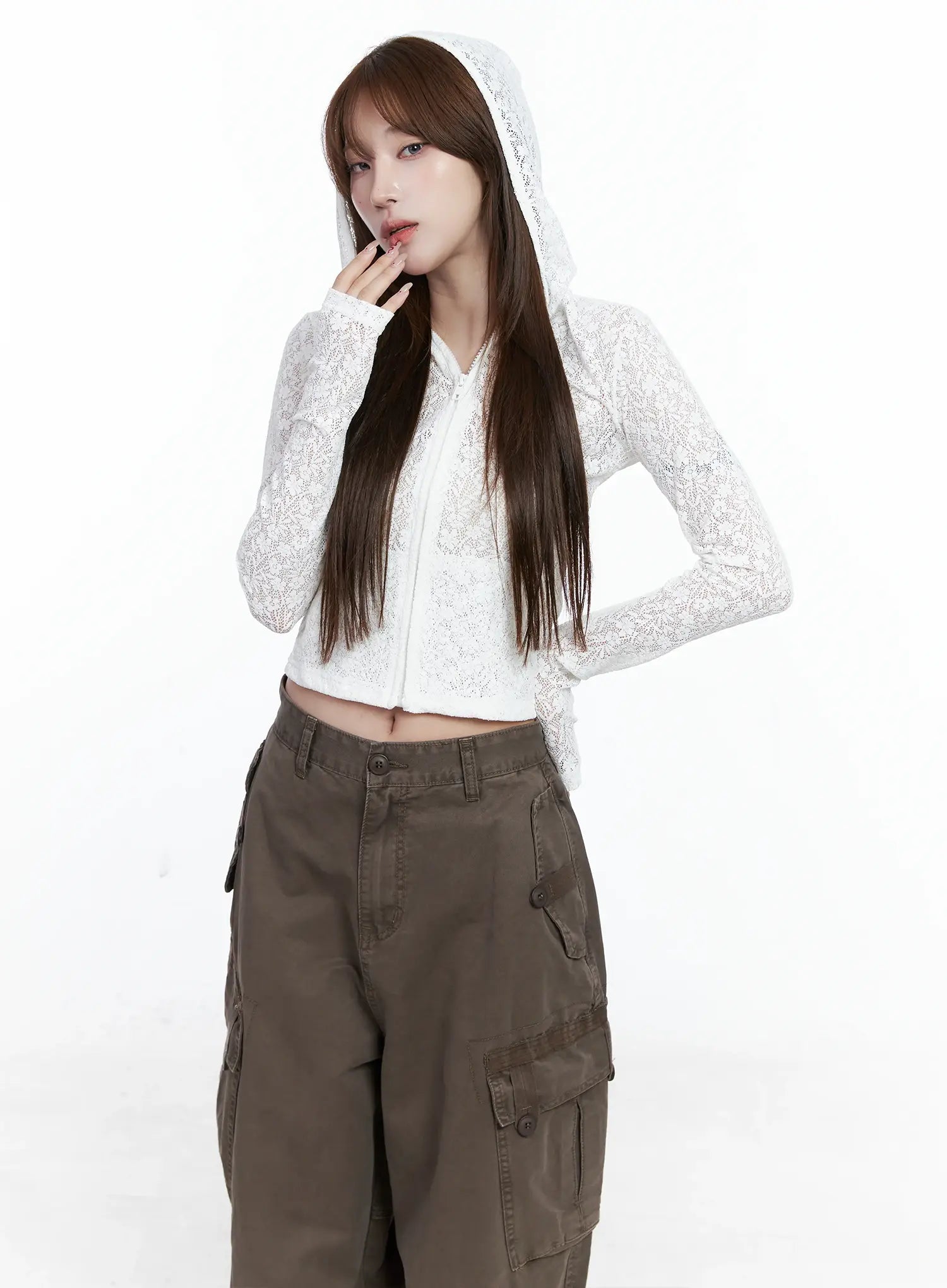 Lace Sheer Zip-Up Hoodie CS501