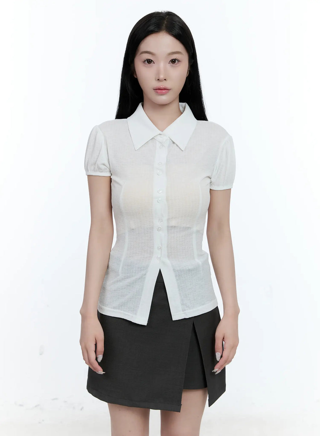 Collared Puff-Sleeve Button-Down Blouse CL530