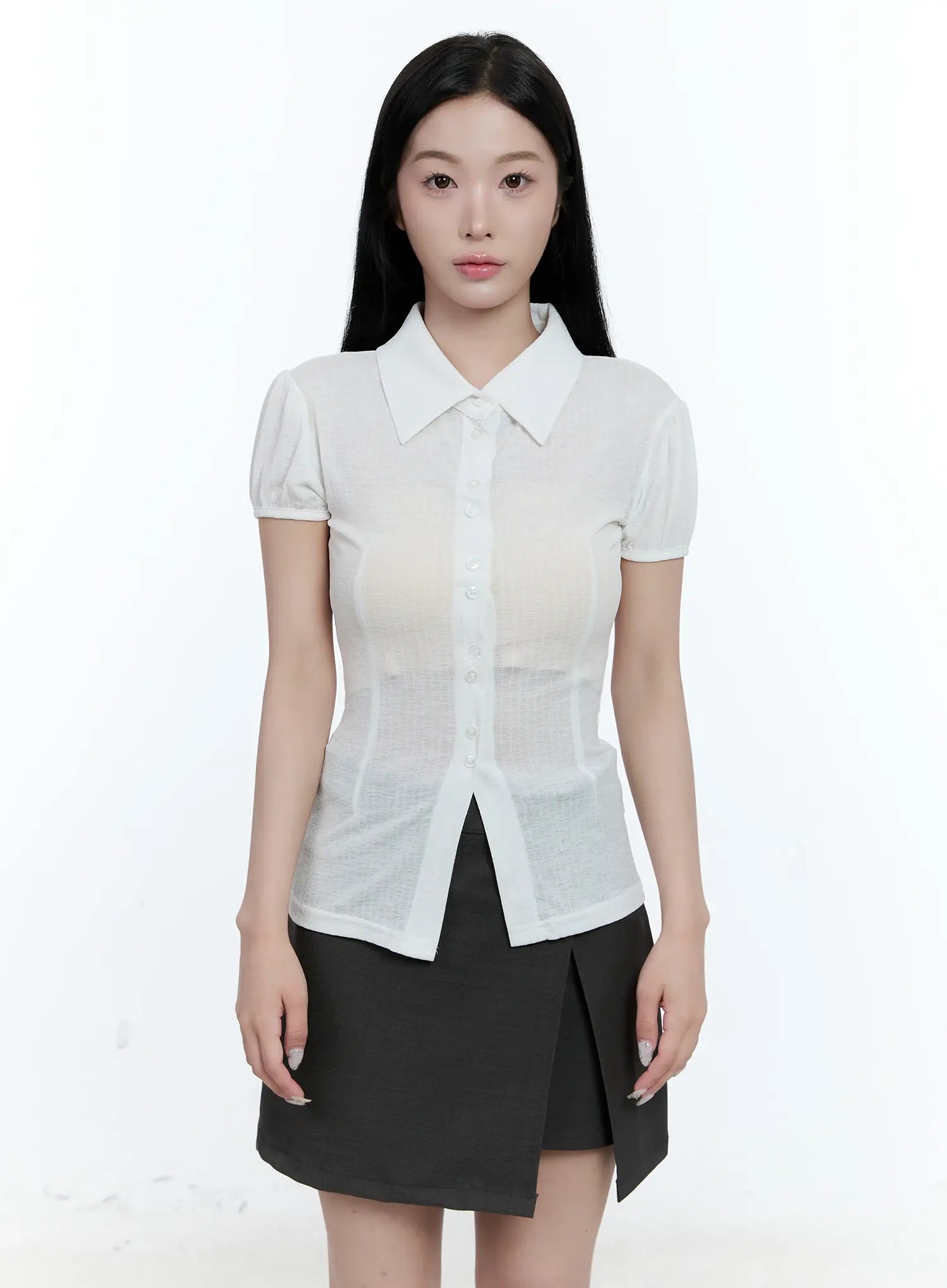 Collared Puff-Sleeve Button-Down Blouse CL530
