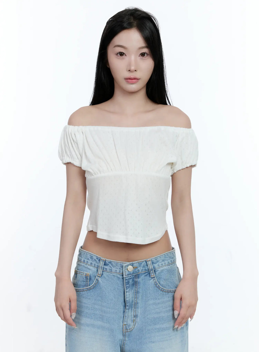 Off-Shoulder Eyelet Puff-Sleeve Top CL530