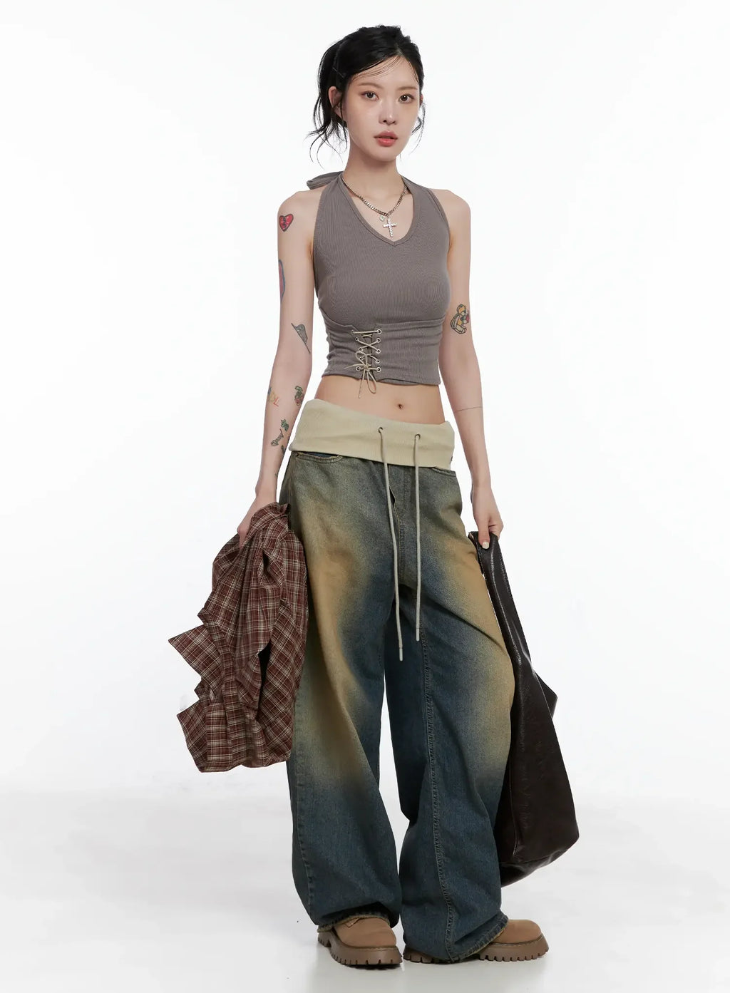 Jemma Folded Waist Washed Baggy Jeans CS512