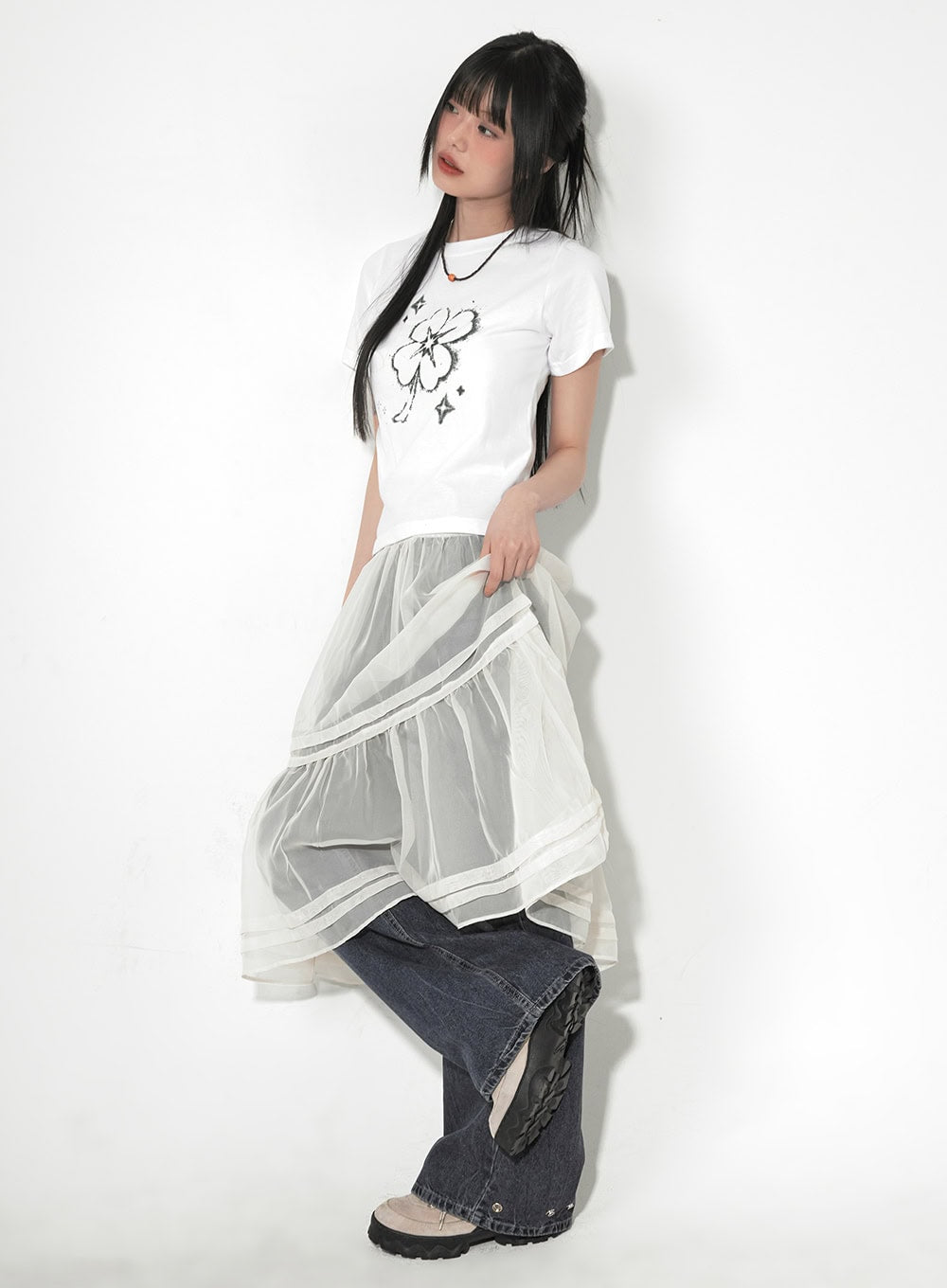 Sheer Tiered Ruffle Midi Skirt CF518