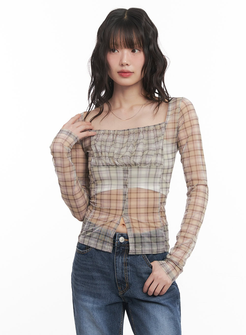 Sheer Checkered Square Neck Crop Top CM520