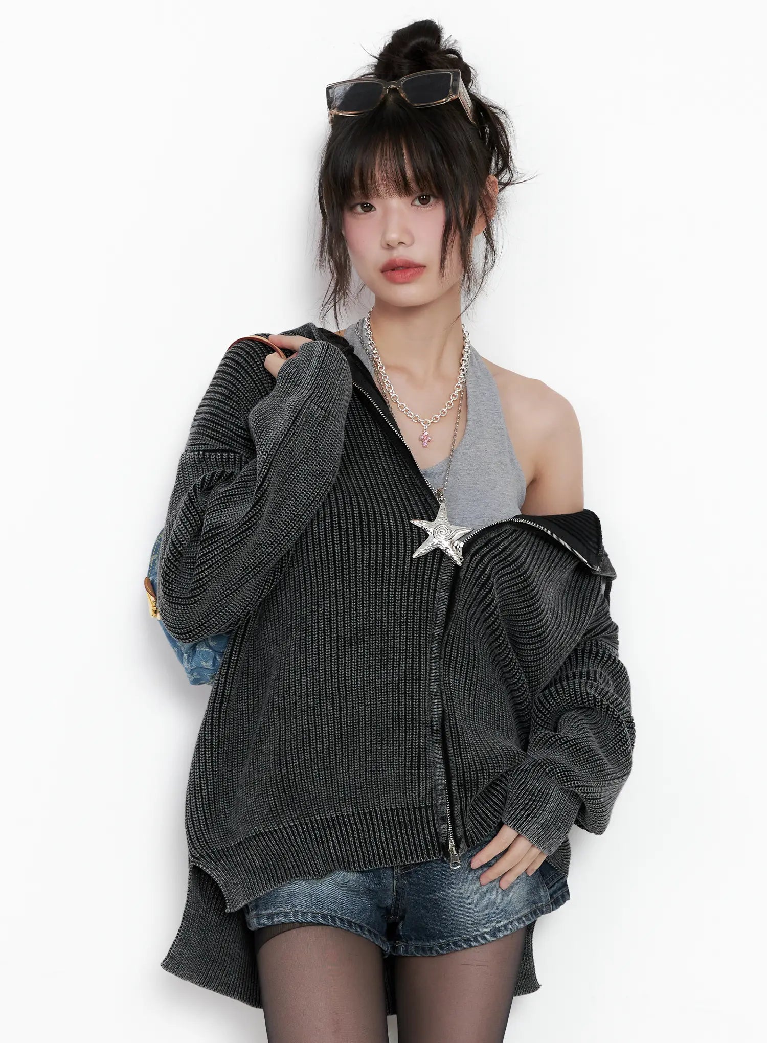 Chunky Washed Knit Hoodie Zip-Up CG518