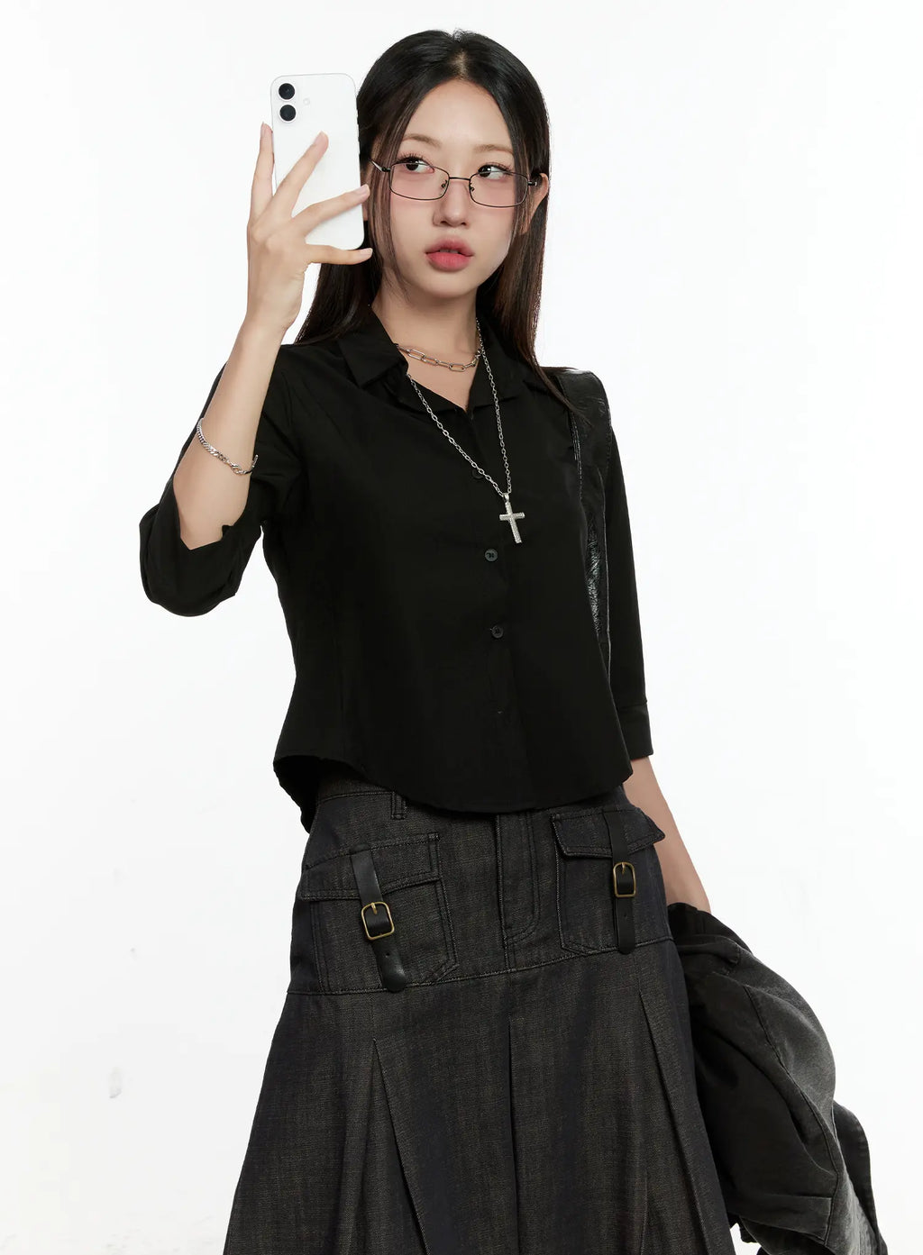 Chic Black Buttoned Half Sleeve Top CL531