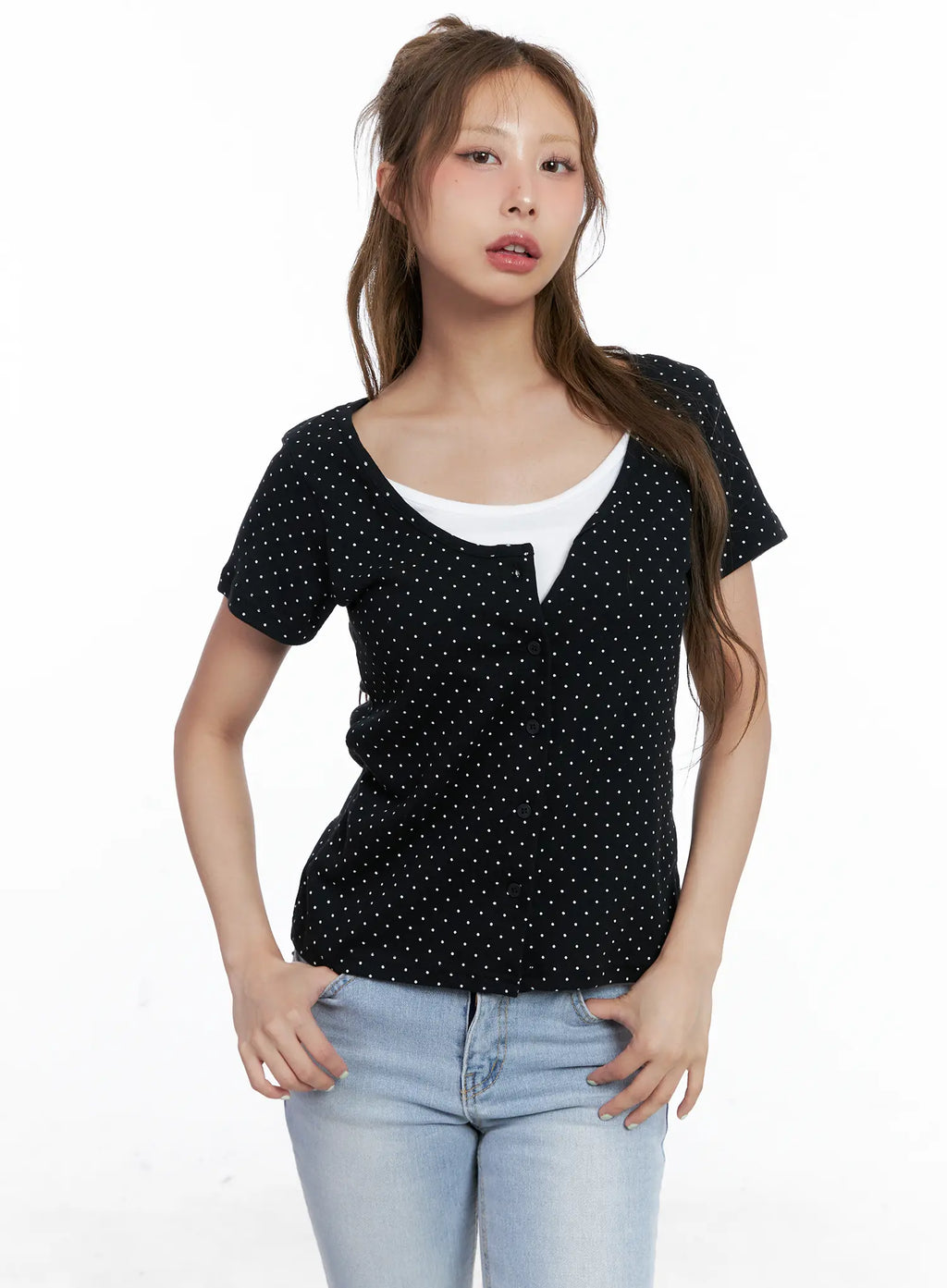 Layered Polka Dot Button Tee CL510