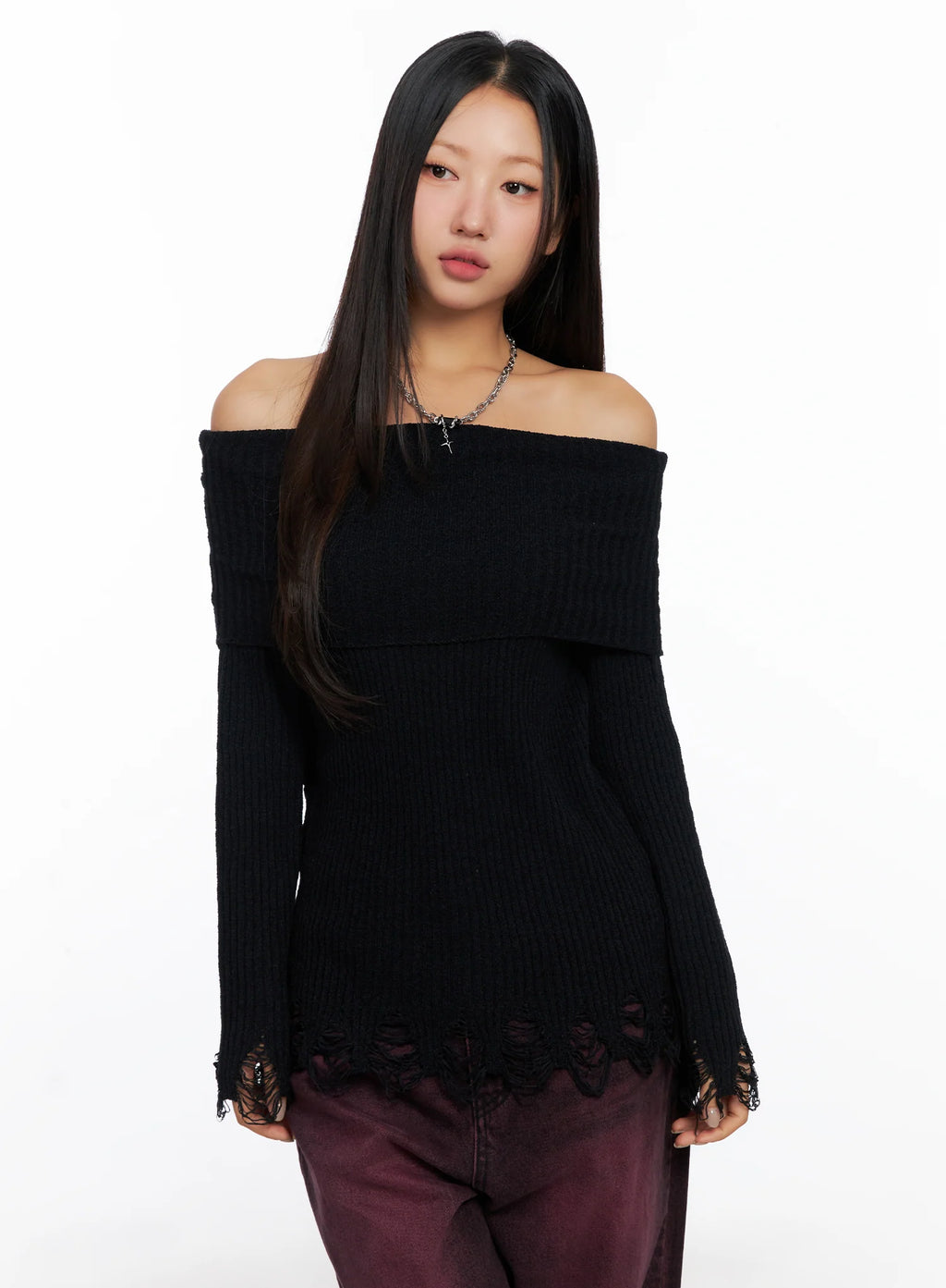 Off-Shoulder Distressed Knit Top CO514