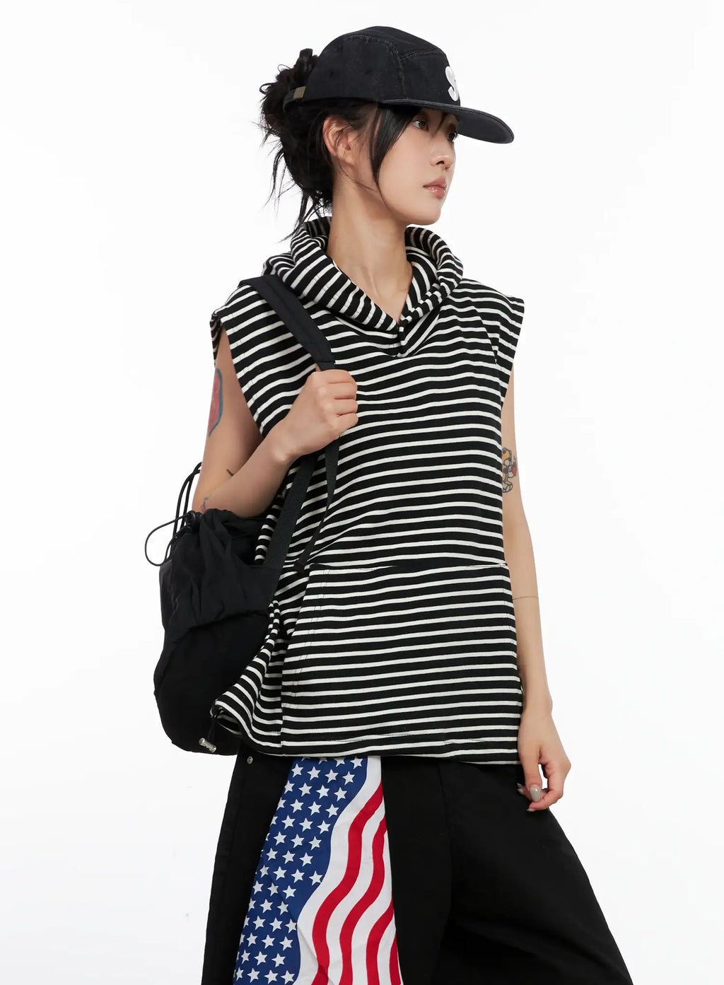 Oversized Striped Sleeveless Hoodie CL525