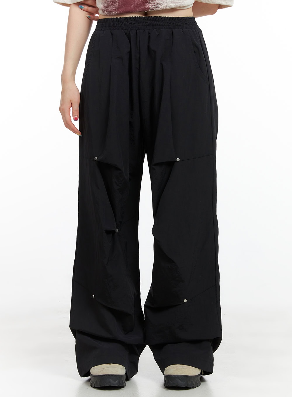 Stud Banded Nylon Wide Leg Pants CG409