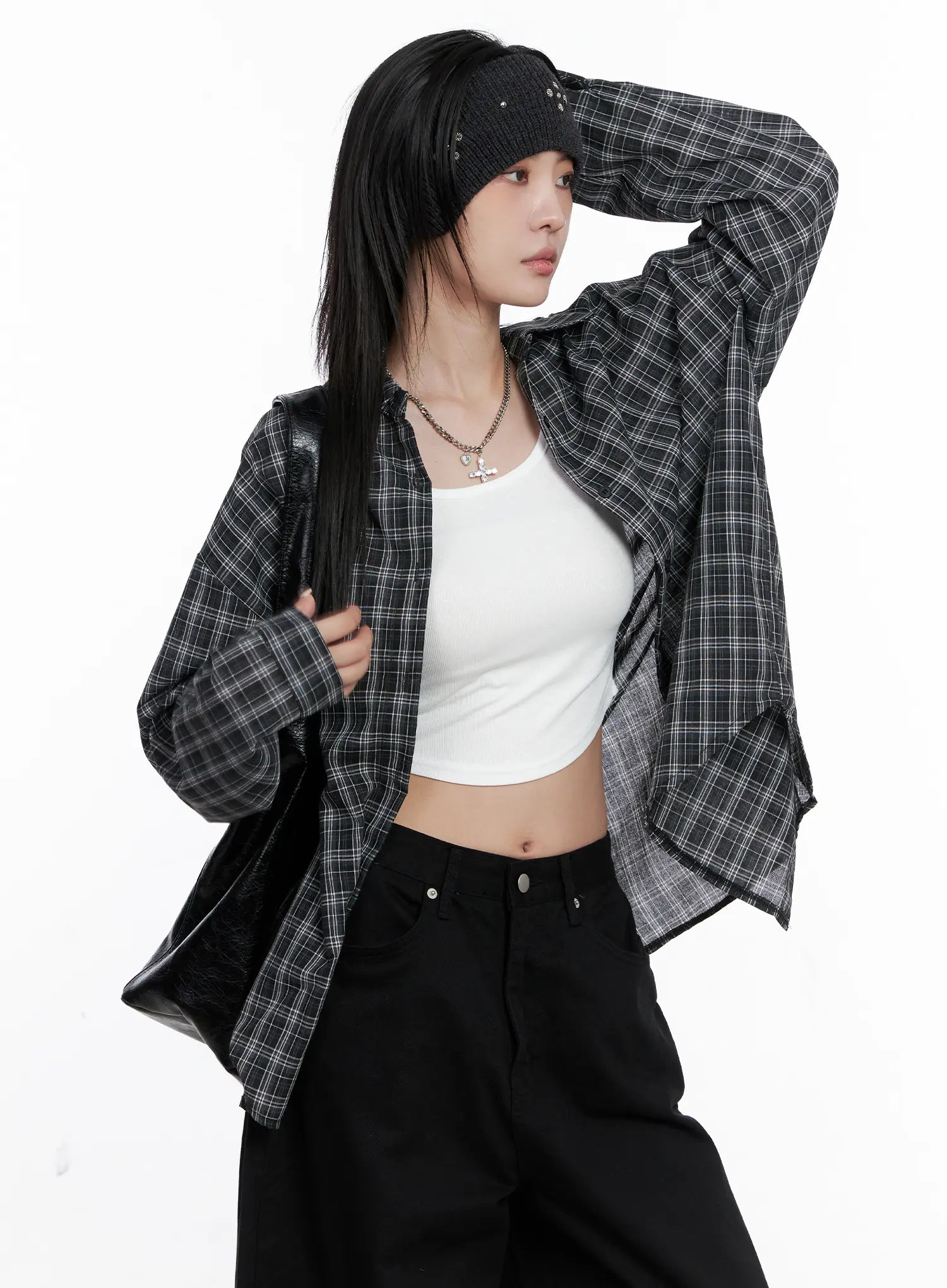 Oversized Plaid Button Up Shirt CS512