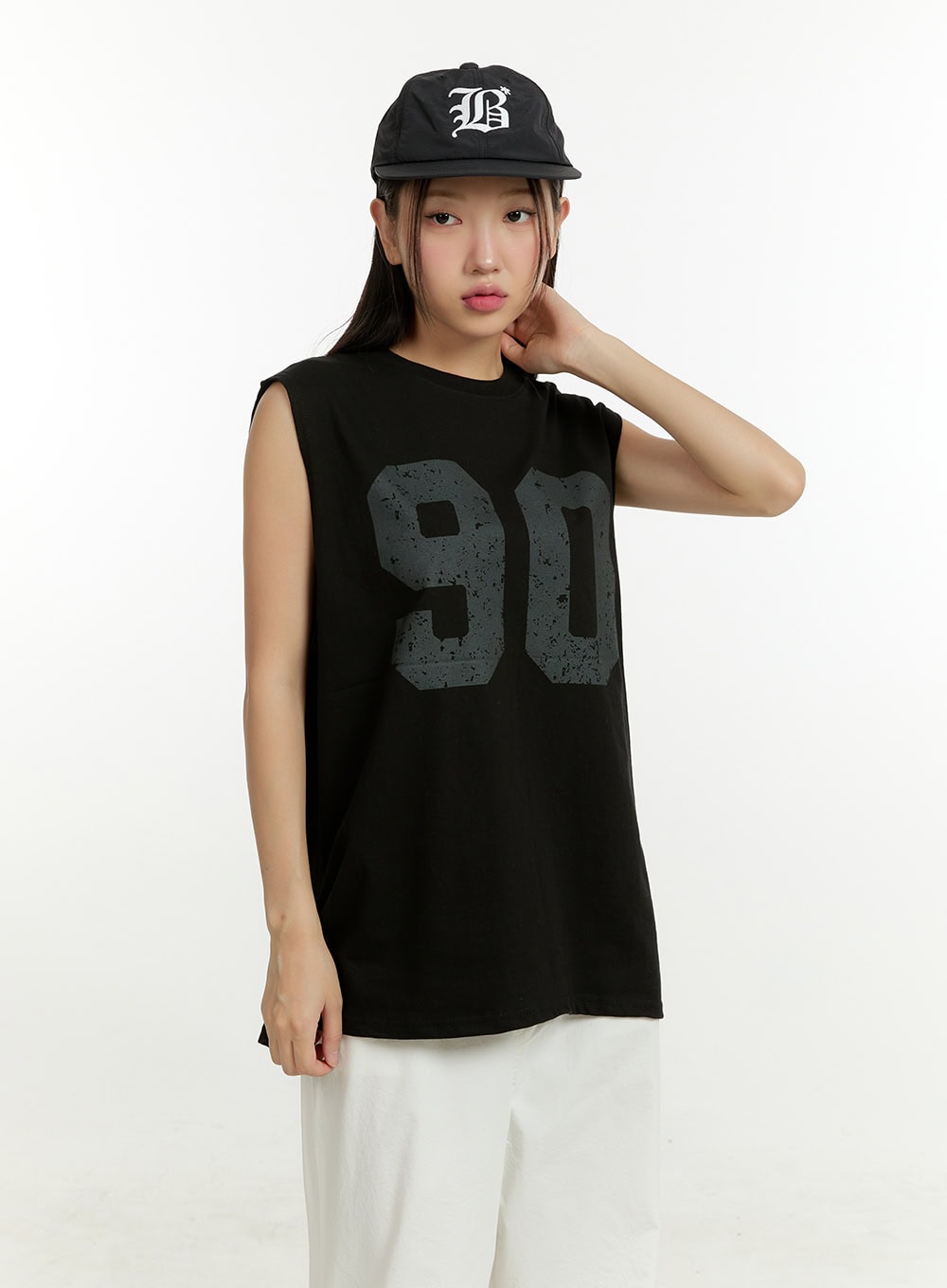 Lettering Oversize Cotton Sleeveless Top CU428